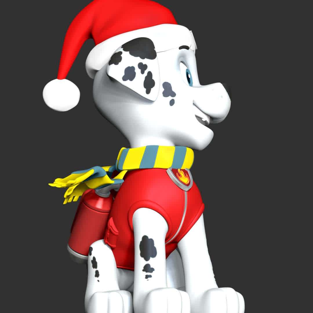 Marshall Christmas - Paw Patrol - 
**Let's celebrate Christmas with Marshall Paw Patrol**

These information of model:

**- The height of current model is 20 cm and you can free to scale it.**

**- Format files: STL, OBJ to supporting 3D printing.**

Please don't hesitate to contact me if you have any issues question. - Los mejores archivos para impresión 3D del mundo. Modelos Stl divididos en partes para facilitar la impresión 3D. Todo tipo de personajes, decoración, cosplay, prótesis, piezas. Calidad en impresión 3D. Modelos 3D asequibles. Bajo costo. Compras colectivas de archivos 3D.