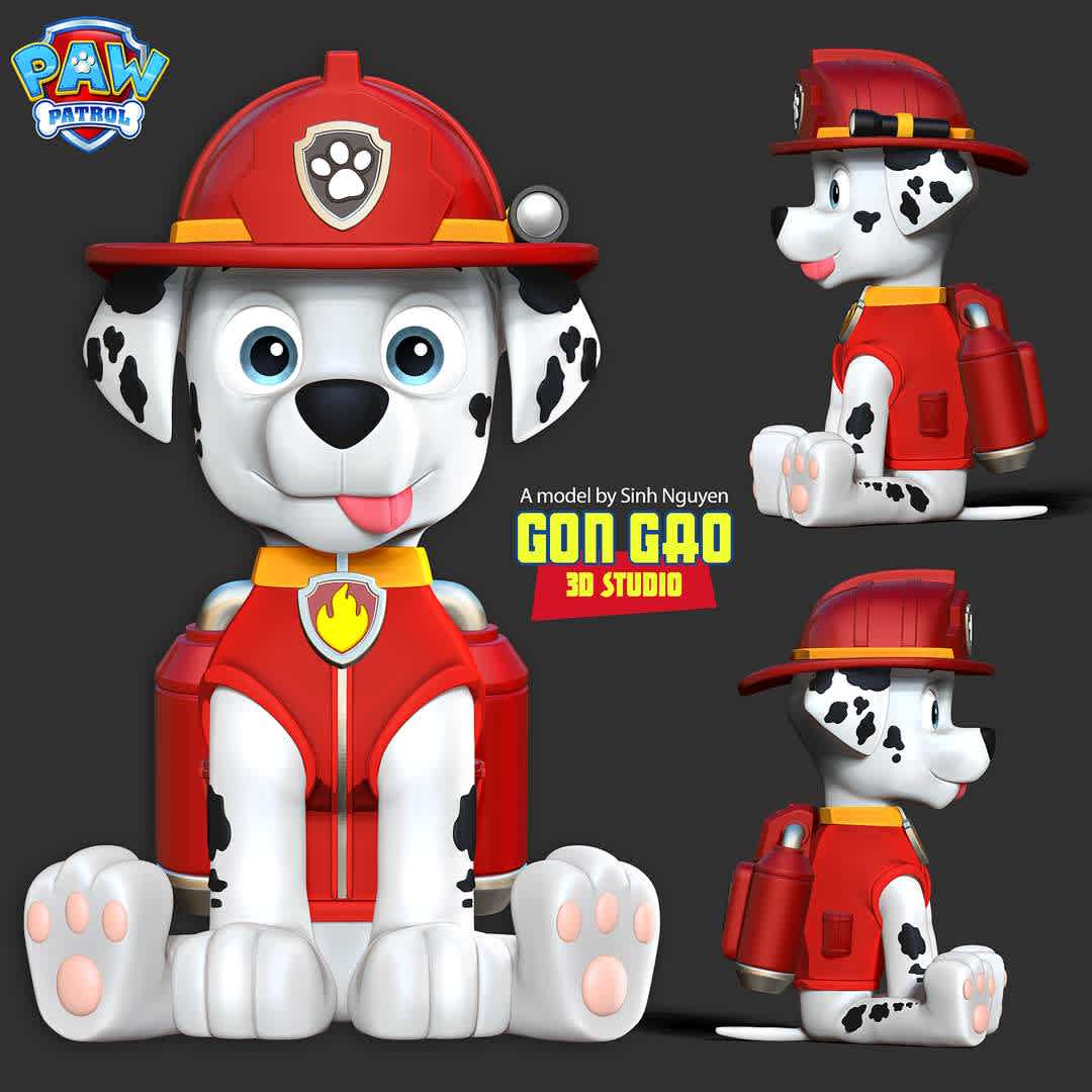 Marshall - Paw Patrol Fanart  - "Marshall is a Dalmatian puppy and one of the seven main protagonists in the TV series PAW Patrol."

Basic parameters:

- STL format for 3D printing with 03 discrete objects
- Model height: 15cm
- Version 1.0: Polygons: 1769332 & Vertices: 965212

Model ready for 3D printing.

Please vote positively for me if you find this model useful. - Los mejores archivos para impresión 3D del mundo. Modelos Stl divididos en partes para facilitar la impresión 3D. Todo tipo de personajes, decoración, cosplay, prótesis, piezas. Calidad en impresión 3D. Modelos 3D asequibles. Bajo costo. Compras colectivas de archivos 3D.