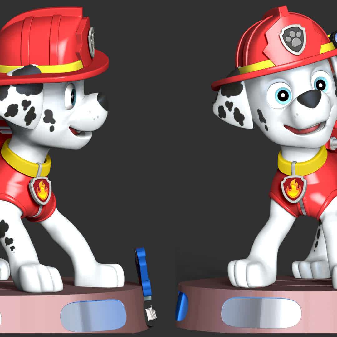 Marshall - Paw Patrol - Marshall is a Dalmatian puppy and one of the main protagonists in the TV series PAW Patrol. He is the 3rd member of the PAW Patrol and the team's fire pup, as well as the medic pup

These information of this model:

 - Files format: STL, OBJ (included 03 separated files is ready for 3D printing). 
 - Zbrush original file (ZTL) for you to customize as you like.
 - The height is 20 cm
 - The version 1.0. 

The model ready for 3D printing.
Hope you like him.
Don't hesitate to contact me if there are any problems during printing the model - Os melhores arquivos para impressão 3D do mundo. Modelos stl divididos em partes para facilitar a impressão 3D. Todos os tipos de personagens, decoração, cosplay, próteses, peças. Qualidade na impressão 3D. Modelos 3D com preço acessível. Baixo custo. Compras coletivas de arquivos 3D.