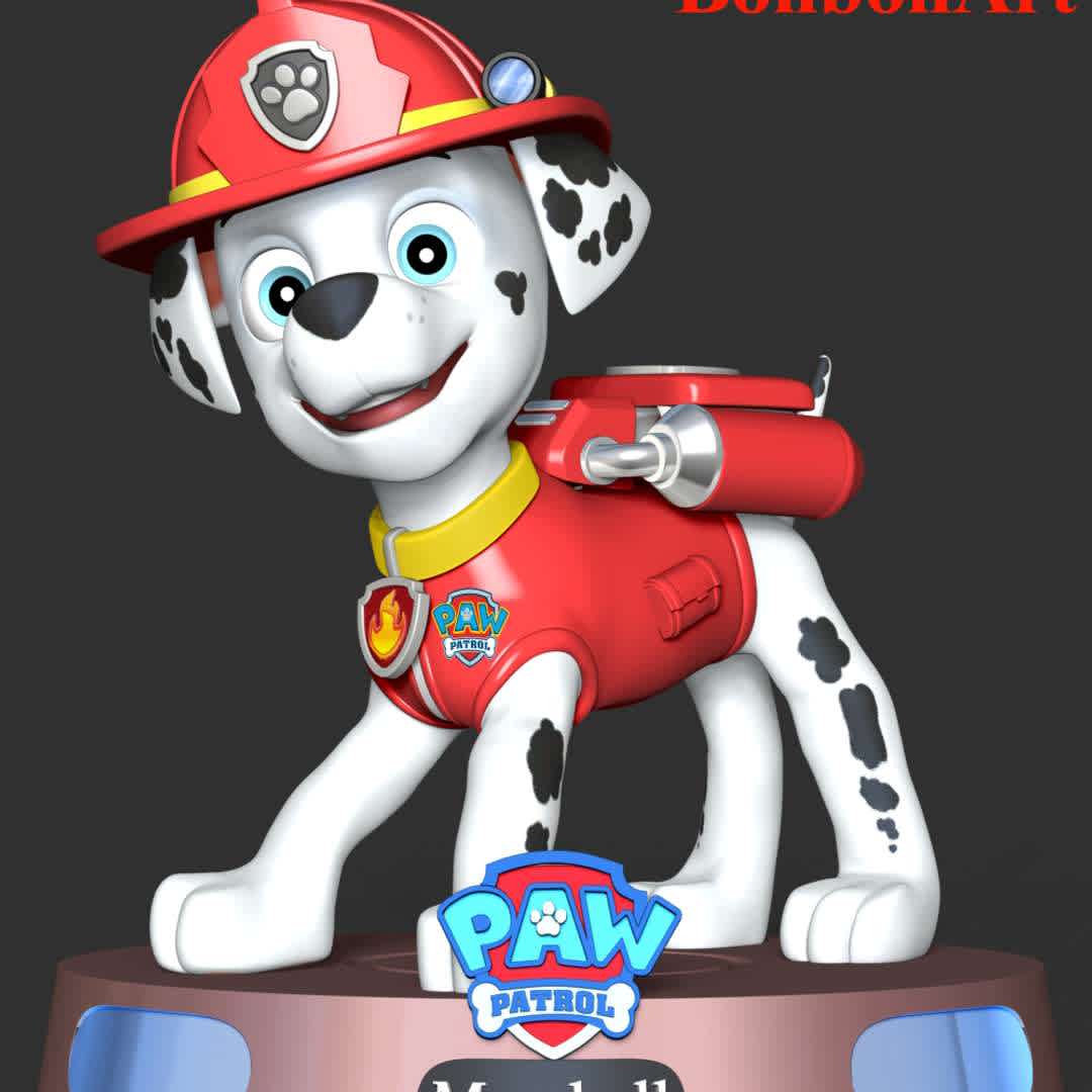 Marshall - Paw Patrol - Marshall is a Dalmatian puppy and one of the main protagonists in the TV series PAW Patrol. He is the 3rd member of the PAW Patrol and the team's fire pup, as well as the medic pup

These information of this model:

 - Files format: STL, OBJ (included 03 separated files is ready for 3D printing). 
 - Zbrush original file (ZTL) for you to customize as you like.
 - The height is 20 cm
 - The version 1.0. 

The model ready for 3D printing.
Hope you like him.
Don't hesitate to contact me if there are any problems during printing the model - Los mejores archivos para impresión 3D del mundo. Modelos Stl divididos en partes para facilitar la impresión 3D. Todo tipo de personajes, decoración, cosplay, prótesis, piezas. Calidad en impresión 3D. Modelos 3D asequibles. Bajo costo. Compras colectivas de archivos 3D.