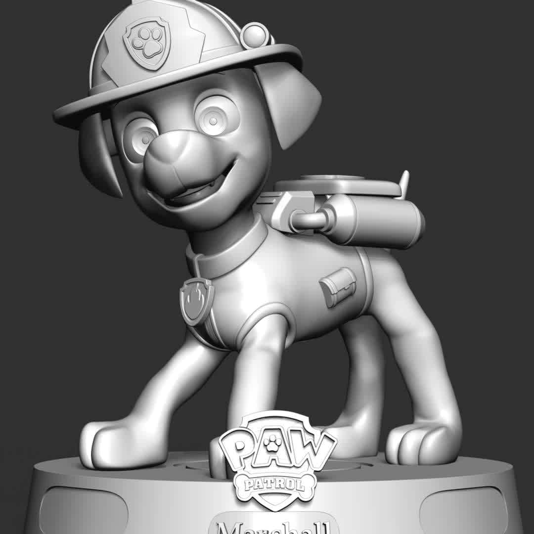 Marshall - Paw Patrol - Marshall is a Dalmatian puppy and one of the main protagonists in the TV series PAW Patrol. He is the 3rd member of the PAW Patrol and the team's fire pup, as well as the medic pup

These information of this model:

 - Files format: STL, OBJ (included 03 separated files is ready for 3D printing). 
 - Zbrush original file (ZTL) for you to customize as you like.
 - The height is 20 cm
 - The version 1.0. 

The model ready for 3D printing.
Hope you like him.
Don't hesitate to contact me if there are any problems during printing the model - The best files for 3D printing in the world. Stl models divided into parts to facilitate 3D printing. All kinds of characters, decoration, cosplay, prosthetics, pieces. Quality in 3D printing. Affordable 3D models. Low cost. Collective purchases of 3D files.