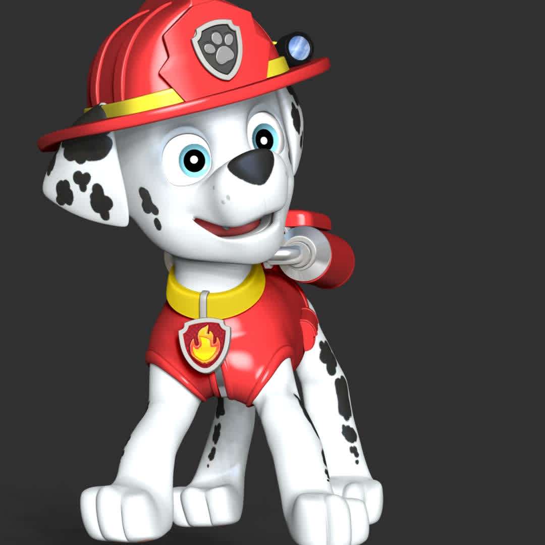 Marshall - Paw Patrol - Marshall is a Dalmatian puppy and one of the main protagonists in the TV series PAW Patrol. He is the 3rd member of the PAW Patrol and the team's fire pup, as well as the medic pup

These information of this model:

 - Files format: STL, OBJ (included 03 separated files is ready for 3D printing). 
 - Zbrush original file (ZTL) for you to customize as you like.
 - The height is 20 cm
 - The version 1.0. 

The model ready for 3D printing.
Hope you like him.
Don't hesitate to contact me if there are any problems during printing the model - Los mejores archivos para impresión 3D del mundo. Modelos Stl divididos en partes para facilitar la impresión 3D. Todo tipo de personajes, decoración, cosplay, prótesis, piezas. Calidad en impresión 3D. Modelos 3D asequibles. Bajo costo. Compras colectivas de archivos 3D.