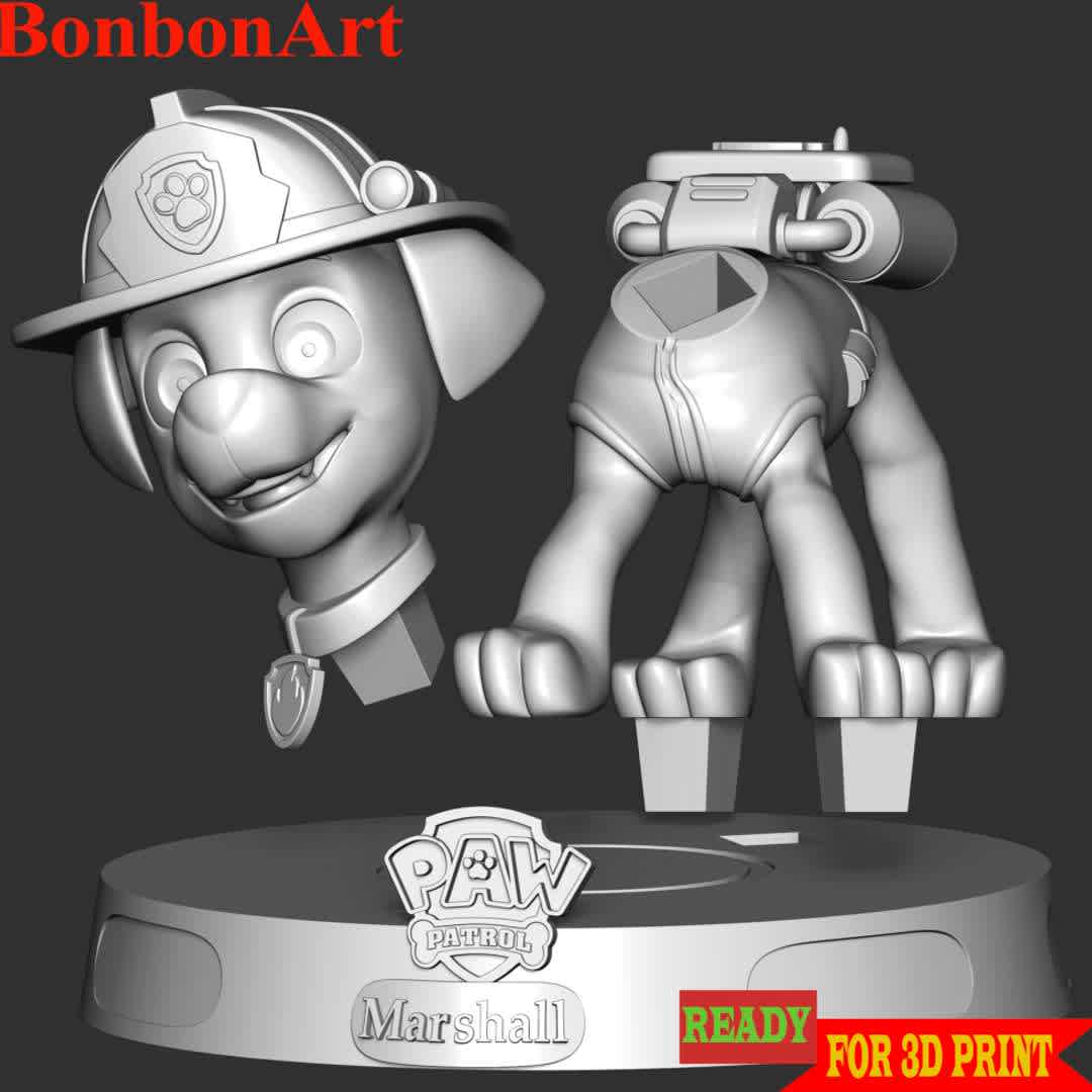 Marshall - Paw Patrol - Marshall is a Dalmatian puppy and one of the main protagonists in the TV series PAW Patrol. He is the 3rd member of the PAW Patrol and the team's fire pup, as well as the medic pup

These information of this model:

 - Files format: STL, OBJ (included 03 separated files is ready for 3D printing). 
 - Zbrush original file (ZTL) for you to customize as you like.
 - The height is 20 cm
 - The version 1.0. 

The model ready for 3D printing.
Hope you like him.
Don't hesitate to contact me if there are any problems during printing the model - Los mejores archivos para impresión 3D del mundo. Modelos Stl divididos en partes para facilitar la impresión 3D. Todo tipo de personajes, decoración, cosplay, prótesis, piezas. Calidad en impresión 3D. Modelos 3D asequibles. Bajo costo. Compras colectivas de archivos 3D.