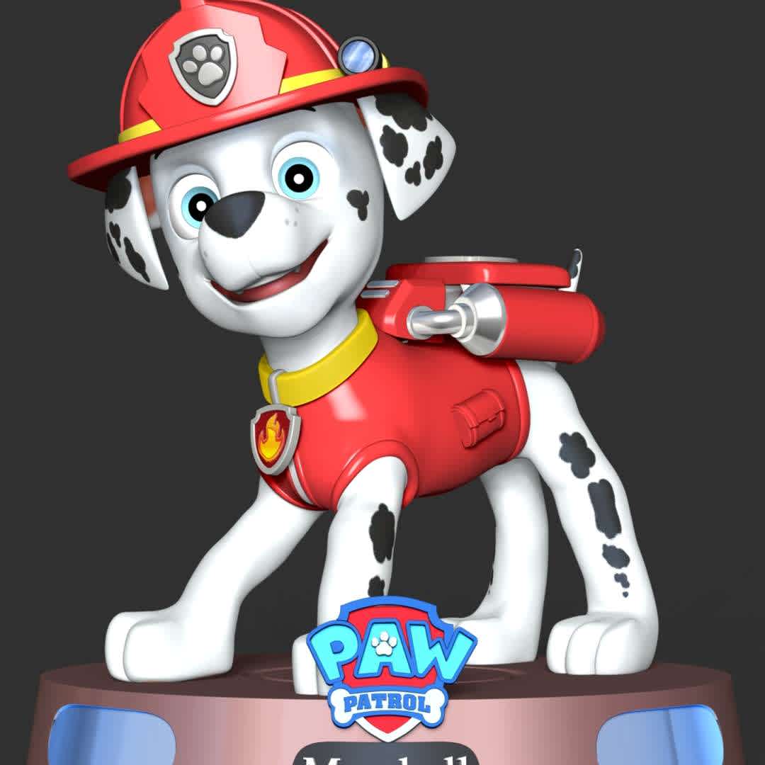 Marshall - Paw Patrol - Marshall is a Dalmatian puppy and one of the main protagonists in the TV series PAW Patrol. He is the 3rd member of the PAW Patrol and the team's fire pup, as well as the medic pup

These information of this model:

 - Files format: STL, OBJ (included 03 separated files is ready for 3D printing). 
 - Zbrush original file (ZTL) for you to customize as you like.
 - The height is 20 cm
 - The version 1.0. 

The model ready for 3D printing.
Hope you like him.
Don't hesitate to contact me if there are any problems during printing the model - Os melhores arquivos para impressão 3D do mundo. Modelos stl divididos em partes para facilitar a impressão 3D. Todos os tipos de personagens, decoração, cosplay, próteses, peças. Qualidade na impressão 3D. Modelos 3D com preço acessível. Baixo custo. Compras coletivas de arquivos 3D.