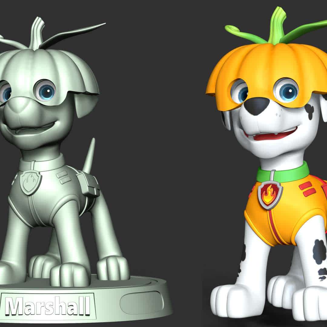 Marshall  - Marshall is a Dalmatian puppy and one of the 7 main protagonists in the TV series PAW Patrol. He is the 3rd member of the PAW Patrol and the team's fire pup, as well as the medic pup. 

**These information of this model:**

- The model ready for 3D printing.
- The model current size is 20cm height, but you are free to scale it.
- Files format: STL, OBJ (included 03 separated files is ready for 3D printing).
- Also includes Zbrush original file (ZTL) for you to customize as you like.

The model ready for 3D printing.
Hope you like him.

Don't hesitate to contact me if there are any problems during printing the model. - Los mejores archivos para impresión 3D del mundo. Modelos Stl divididos en partes para facilitar la impresión 3D. Todo tipo de personajes, decoración, cosplay, prótesis, piezas. Calidad en impresión 3D. Modelos 3D asequibles. Bajo costo. Compras colectivas de archivos 3D.