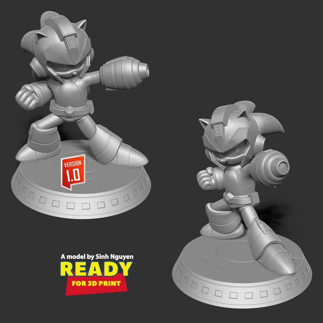 Mega Sonic  - "Mega Sonic is a combination of Mega Man and Sonic hedgehog."

Basic parameters:

- STL, OBJ format for 3D printing with 03 discrete objects
- ZTL format for Zbrush (version 2019.1.2 or later)
- Model height: 15cm
- Version 1.0 - Polygons: 1019476 & Vertices: 544694

Model ready for 3D printing.

Please vote positively for me if you find this model useful. - The best files for 3D printing in the world. Stl models divided into parts to facilitate 3D printing. All kinds of characters, decoration, cosplay, prosthetics, pieces. Quality in 3D printing. Affordable 3D models. Low cost. Collective purchases of 3D files.