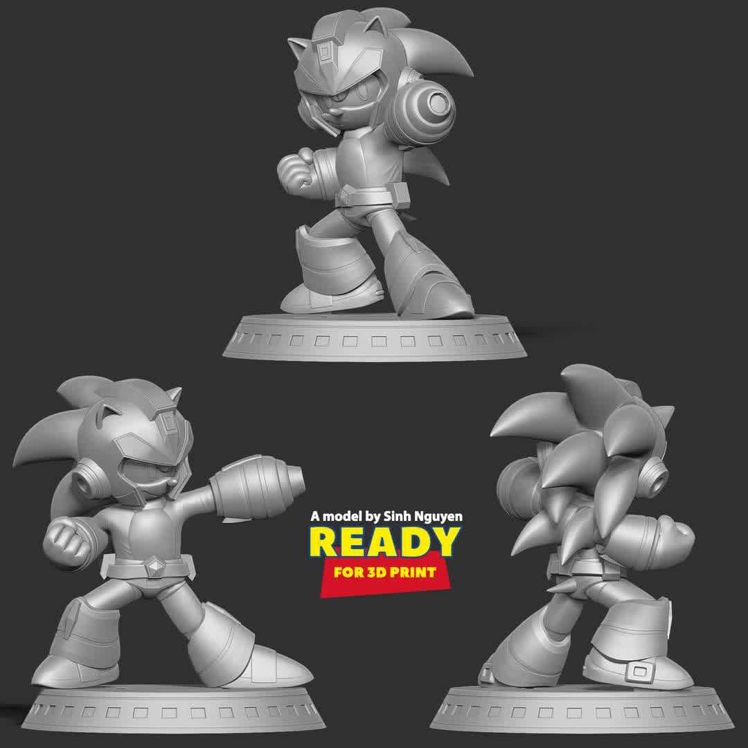Mega Sonic  - "Mega Sonic is a combination of Mega Man and Sonic hedgehog."

Basic parameters:

- STL, OBJ format for 3D printing with 03 discrete objects
- ZTL format for Zbrush (version 2019.1.2 or later)
- Model height: 15cm
- Version 1.0 - Polygons: 1019476 & Vertices: 544694

Model ready for 3D printing.

Please vote positively for me if you find this model useful. - The best files for 3D printing in the world. Stl models divided into parts to facilitate 3D printing. All kinds of characters, decoration, cosplay, prosthetics, pieces. Quality in 3D printing. Affordable 3D models. Low cost. Collective purchases of 3D files.