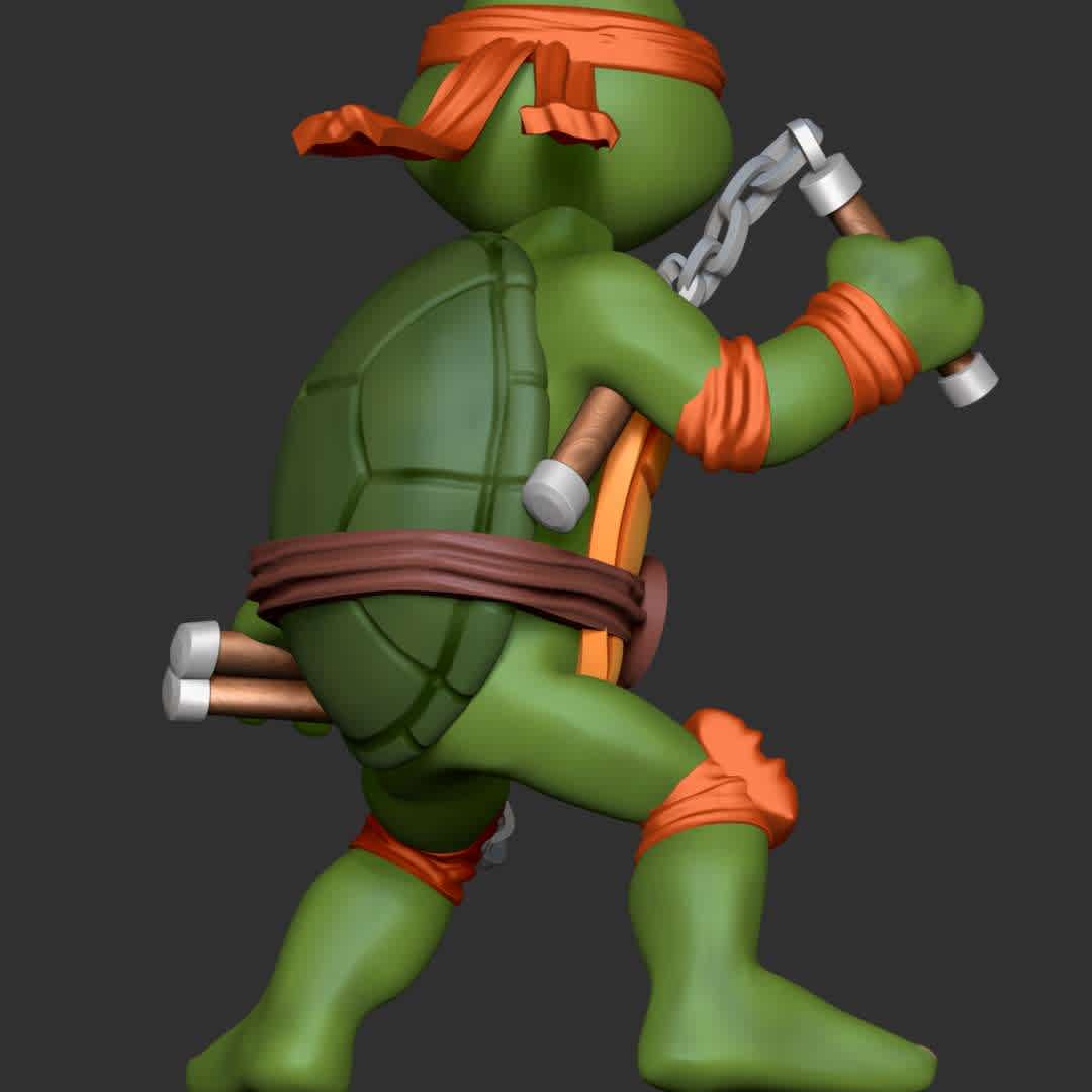 Michelangelo - teenage Mutant Ninja Turtles - **Michelangelo, nicknamed Mike or Mikey, is a superhero and one of the four main characters of the Teenage Mutant Ninja Turtles comic**

**The model ready for 3D printing.**

These information of model:

**- Format files: STL, OBJ to supporting 3D printing.**

**- Can be assembled without glue (glue is optional)**

**- Split down to 2 parts**

**- The height of current model is 20 cm and you can free to scale it.**

**- ZTL format for Zbrush for you to customize as you like.**

Please don't hesitate to contact me if you have any issues question.

If you see this model useful, please vote positively for it. - Os melhores arquivos para impressão 3D do mundo. Modelos stl divididos em partes para facilitar a impressão 3D. Todos os tipos de personagens, decoração, cosplay, próteses, peças. Qualidade na impressão 3D. Modelos 3D com preço acessível. Baixo custo. Compras coletivas de arquivos 3D.