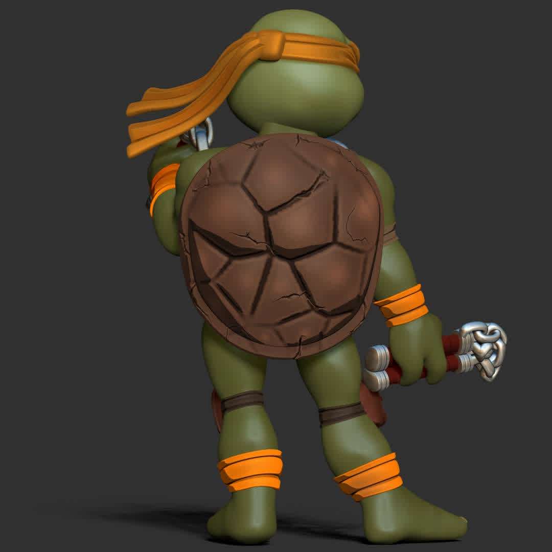 Michelangelo - Teenage Mutant Ninja Turtles 2 - "Michelangelo, nicknamed Mike or Mikey, is a superhero and one of the four main characters of the Teenage Mutant Ninja Turtles comics."

Basic parameters:

- STL format for 3D printing with 06 discrete objects
- Model height: 16cm
- Version 1.0: Polygons: 2024384 & Vertices: 1051736

Model ready for 3D printing.

Please vote positively for me if you find this model useful. - Los mejores archivos para impresión 3D del mundo. Modelos Stl divididos en partes para facilitar la impresión 3D. Todo tipo de personajes, decoración, cosplay, prótesis, piezas. Calidad en impresión 3D. Modelos 3D asequibles. Bajo costo. Compras colectivas de archivos 3D.