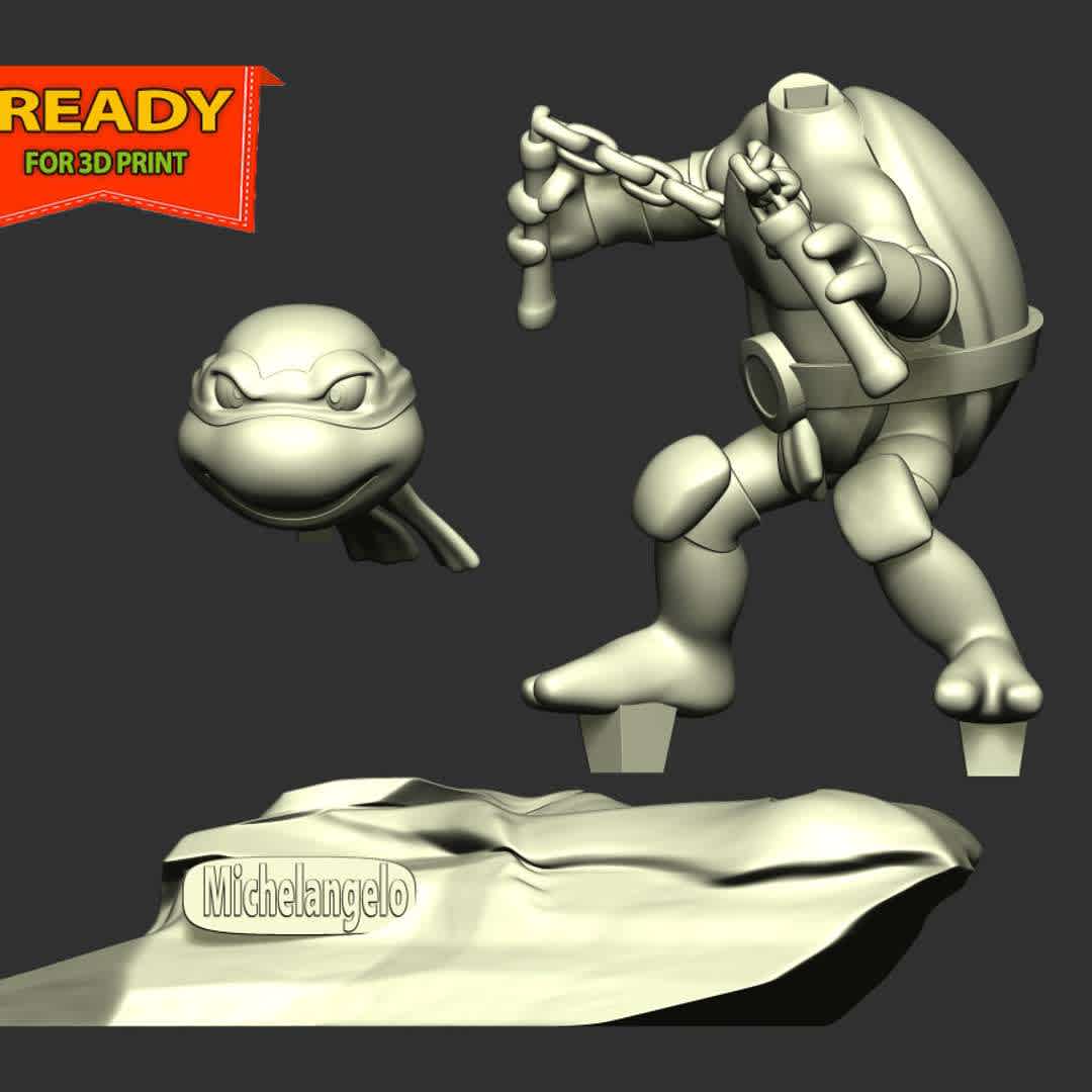 Michelangelo - Teenage Mutant Ninja Turtles - **Information: This model has a height of 15 cm.**

When you purchase this model, you will own:
- STL, OBJ file with 03 separated files (included key to connect parts) is ready for 3D printing.

- Zbrush original files (ZTL) for you to customize as you like.

This is version 1.0 of this model.

Thanks for viewing! Hope you like him. - Los mejores archivos para impresión 3D del mundo. Modelos Stl divididos en partes para facilitar la impresión 3D. Todo tipo de personajes, decoración, cosplay, prótesis, piezas. Calidad en impresión 3D. Modelos 3D asequibles. Bajo costo. Compras colectivas de archivos 3D.