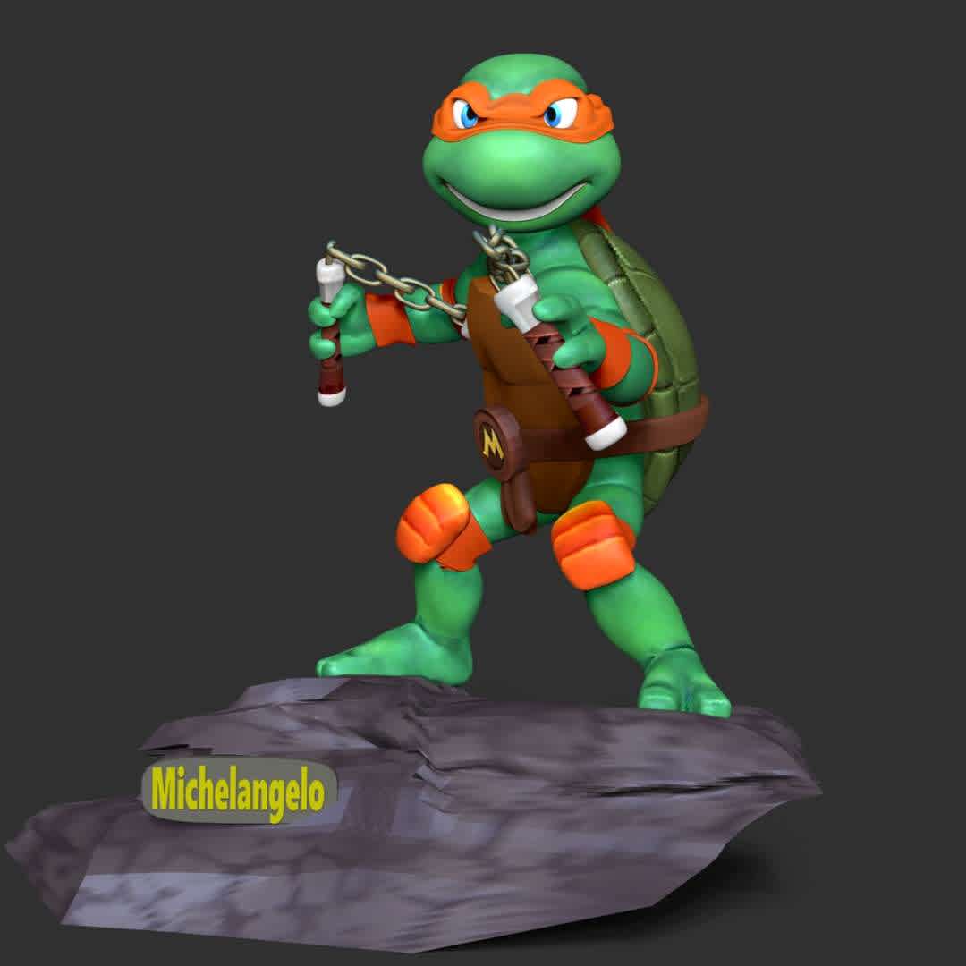 Michelangelo - Teenage Mutant Ninja Turtles - **Information: This model has a height of 15 cm.**

When you purchase this model, you will own:
- STL, OBJ file with 03 separated files (included key to connect parts) is ready for 3D printing.

- Zbrush original files (ZTL) for you to customize as you like.

This is version 1.0 of this model.

Thanks for viewing! Hope you like him. - The best files for 3D printing in the world. Stl models divided into parts to facilitate 3D printing. All kinds of characters, decoration, cosplay, prosthetics, pieces. Quality in 3D printing. Affordable 3D models. Low cost. Collective purchases of 3D files.