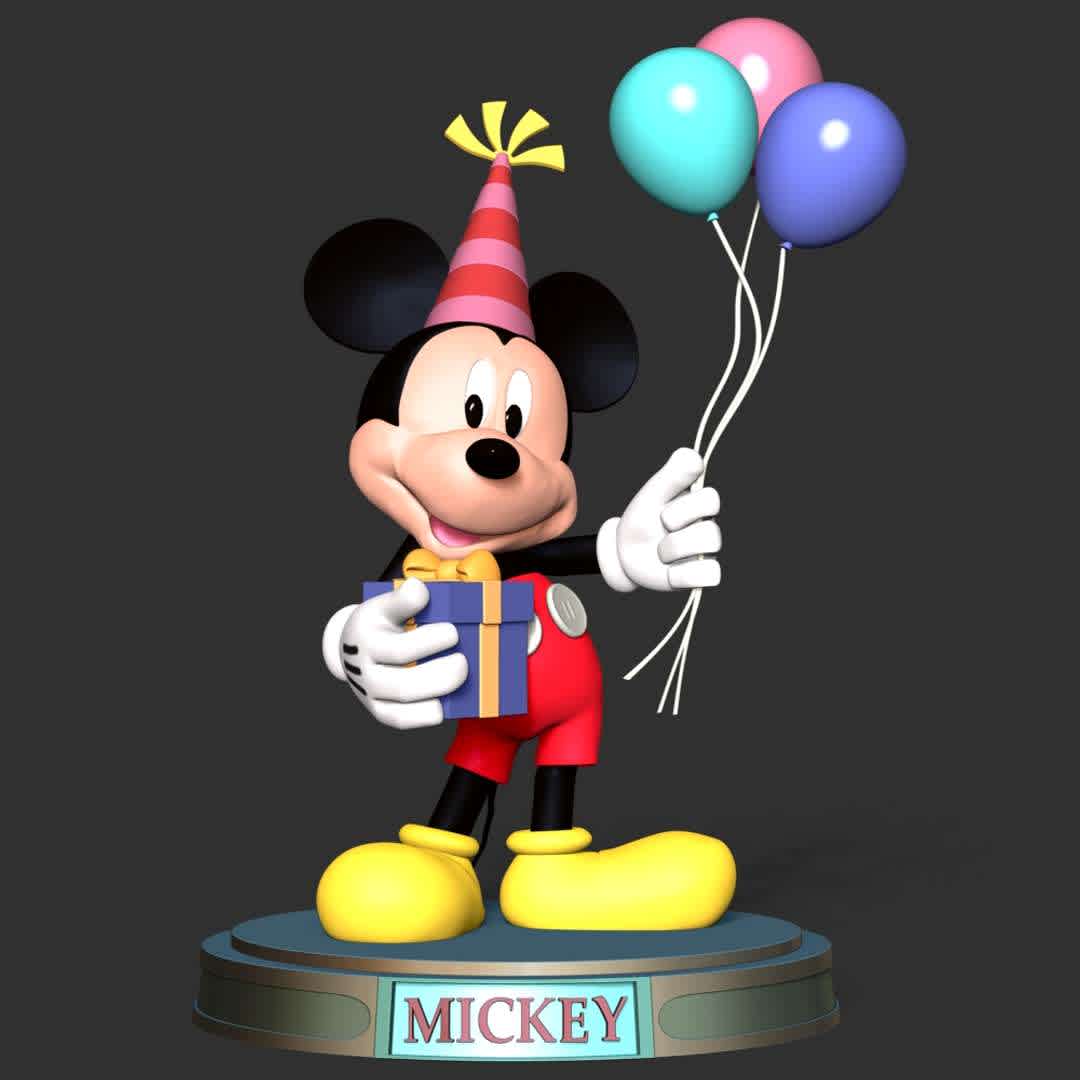 Mickey - Party - Information: This model has a height of 15 cm.

When you purchase this model, you will own:
 
- STL, OBJ file with 06 separated files (included key to connect parts) is ready for 3D printing.

- Zbrush original files (ZTL) for you to customize as you like.

This is version 1.0 of this model.

Thanks for viewing!

 Hope you like him. - Los mejores archivos para impresión 3D del mundo. Modelos Stl divididos en partes para facilitar la impresión 3D. Todo tipo de personajes, decoración, cosplay, prótesis, piezas. Calidad en impresión 3D. Modelos 3D asequibles. Bajo costo. Compras colectivas de archivos 3D.