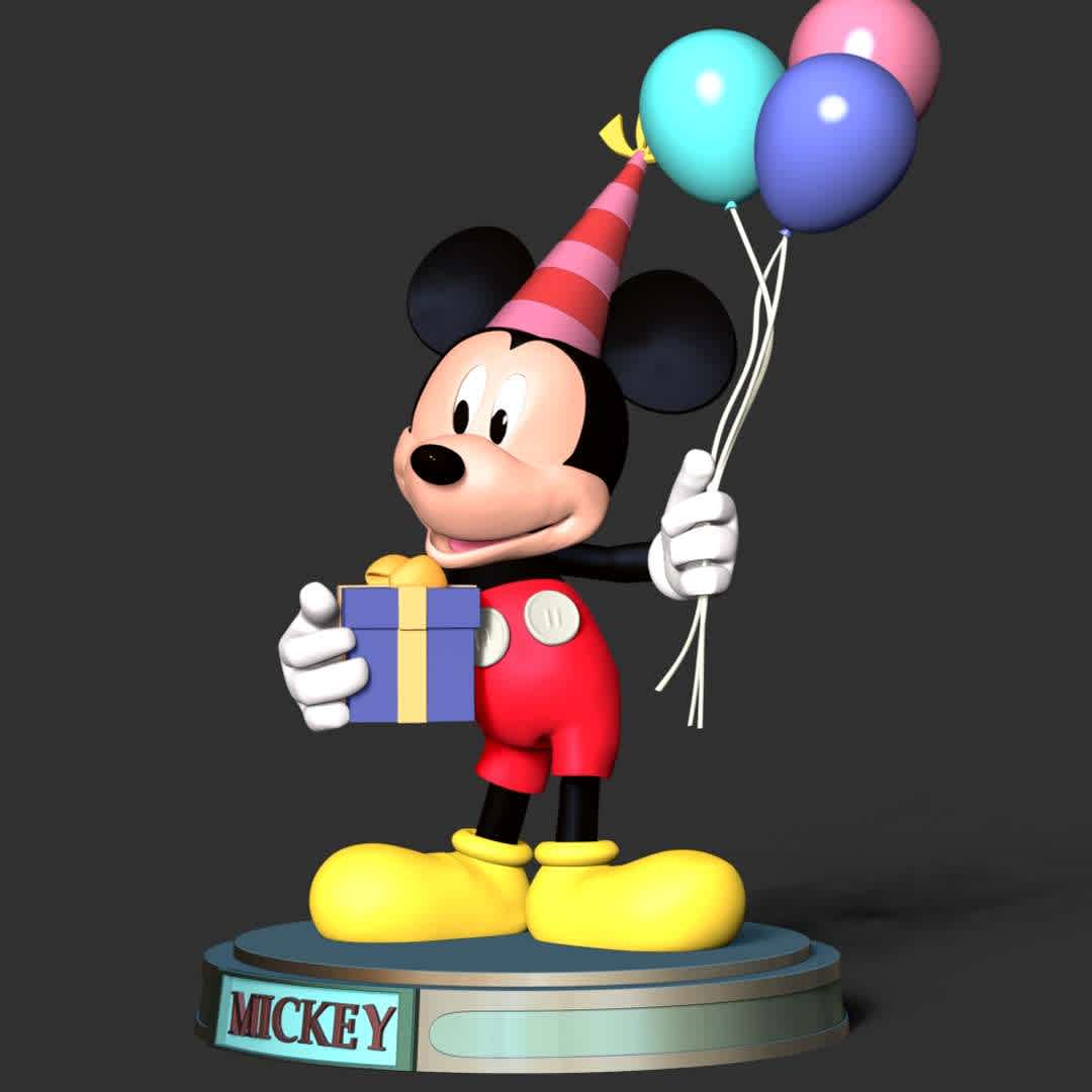 Mickey - Party - Information: This model has a height of 15 cm.

When you purchase this model, you will own:
 
- STL, OBJ file with 06 separated files (included key to connect parts) is ready for 3D printing.

- Zbrush original files (ZTL) for you to customize as you like.

This is version 1.0 of this model.

Thanks for viewing!

 Hope you like him. - Los mejores archivos para impresión 3D del mundo. Modelos Stl divididos en partes para facilitar la impresión 3D. Todo tipo de personajes, decoración, cosplay, prótesis, piezas. Calidad en impresión 3D. Modelos 3D asequibles. Bajo costo. Compras colectivas de archivos 3D.