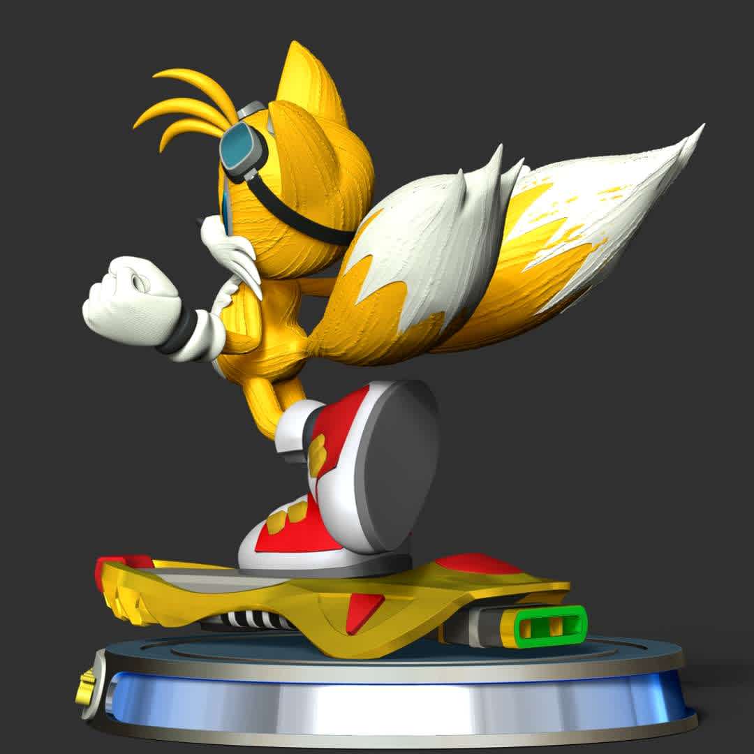 Miles Tails Prower Riders - Miles Prower  better known as Tails , is a character that appears in the Sonic the Hedgehog series.

This model has a height of 18 cm.

When you purchase this model, you will own:

- STL, OBJ file with 08 separated files (with key to connect together) is ready for 3D printing.

- Zbrush original files (ZTL) for you to customize as you like.

This is version 1.0 of this model.

Hope you like it. Thanks for viewing! - The best files for 3D printing in the world. Stl models divided into parts to facilitate 3D printing. All kinds of characters, decoration, cosplay, prosthetics, pieces. Quality in 3D printing. Affordable 3D models. Low cost. Collective purchases of 3D files.