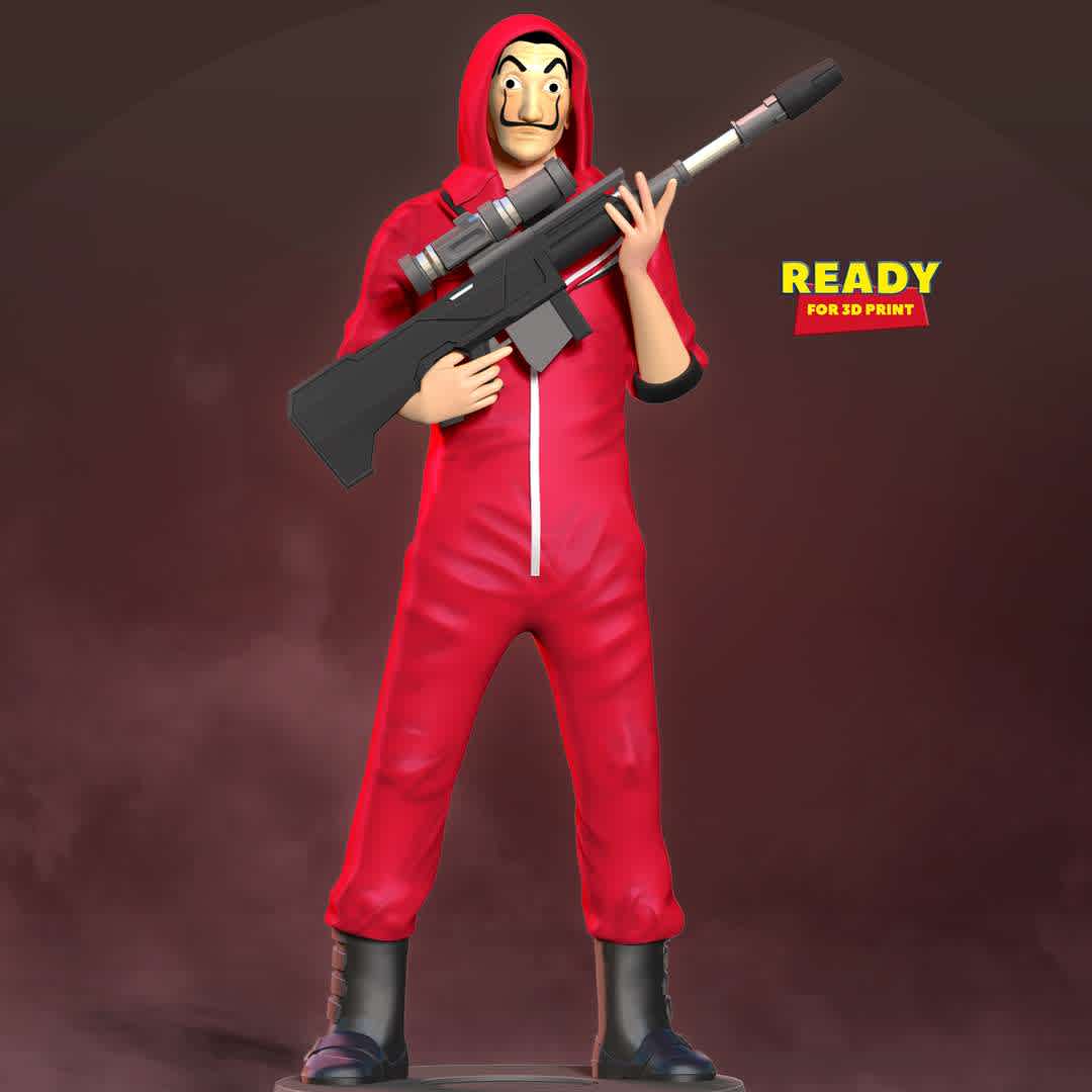 Money Heist Fanart - This TV series is very popular and is about to release season 5.

When you purchase this model, you will own:

- STL, OBJ file with 05 separated files (with key to connect together) is ready for 3D printing.

- Zbrush original files (ZTL) for you to customize as you like.

This is version 1.0 of this model.

Hope you like him. Thanks for viewing! - The best files for 3D printing in the world. Stl models divided into parts to facilitate 3D printing. All kinds of characters, decoration, cosplay, prosthetics, pieces. Quality in 3D printing. Affordable 3D models. Low cost. Collective purchases of 3D files.