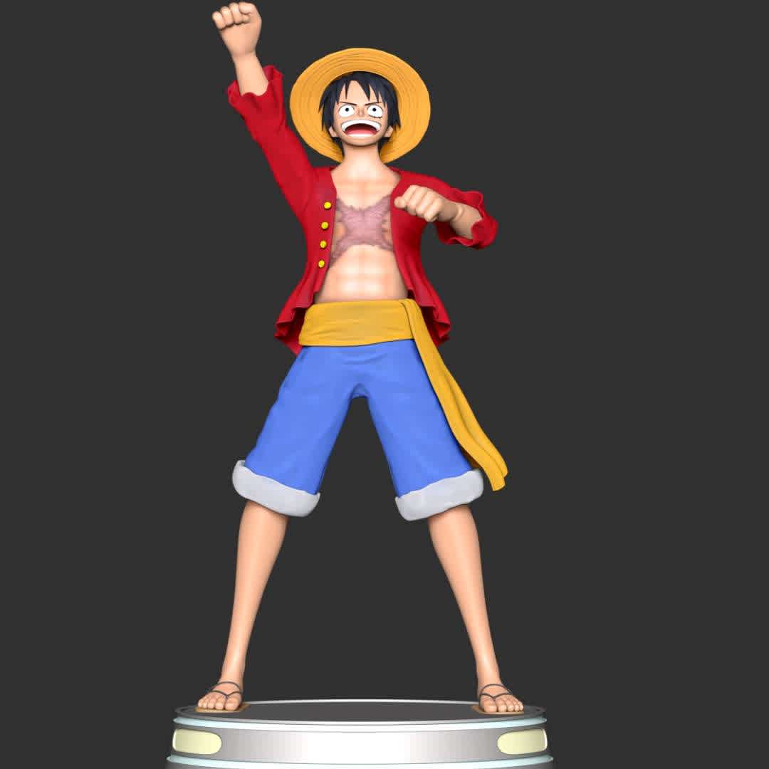 Monkey D Luffy - One Piece - These information of model:

**- The height of current model is 30 cm and you can free to scale it.**

**- Format files: STL, OBJ to supporting 3D printing.**

Please don't hesitate to contact me if you have any issues question. - The best files for 3D printing in the world. Stl models divided into parts to facilitate 3D printing. All kinds of characters, decoration, cosplay, prosthetics, pieces. Quality in 3D printing. Affordable 3D models. Low cost. Collective purchases of 3D files.