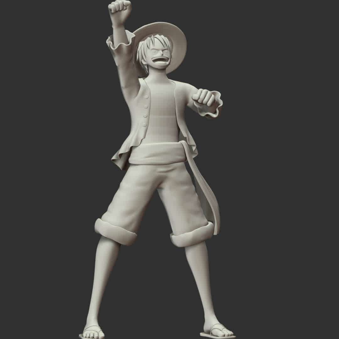 Monkey D Luffy - One Piece - These information of model:

**- The height of current model is 30 cm and you can free to scale it.**

**- Format files: STL, OBJ to supporting 3D printing.**

Please don't hesitate to contact me if you have any issues question. - The best files for 3D printing in the world. Stl models divided into parts to facilitate 3D printing. All kinds of characters, decoration, cosplay, prosthetics, pieces. Quality in 3D printing. Affordable 3D models. Low cost. Collective purchases of 3D files.