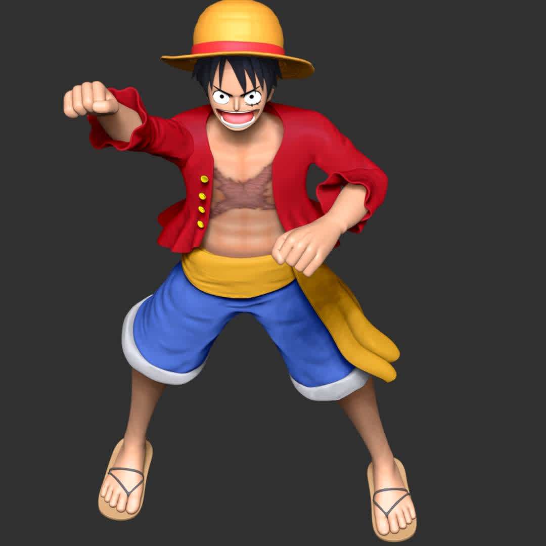 Monkey D Luffy - One Piece - These information of model:

**- The height of current model is 30 cm and you can free to scale it.**

**- Format files: STL, OBJ to supporting 3D printing.**

Please don't hesitate to contact me if you have any issues question. - The best files for 3D printing in the world. Stl models divided into parts to facilitate 3D printing. All kinds of characters, decoration, cosplay, prosthetics, pieces. Quality in 3D printing. Affordable 3D models. Low cost. Collective purchases of 3D files.