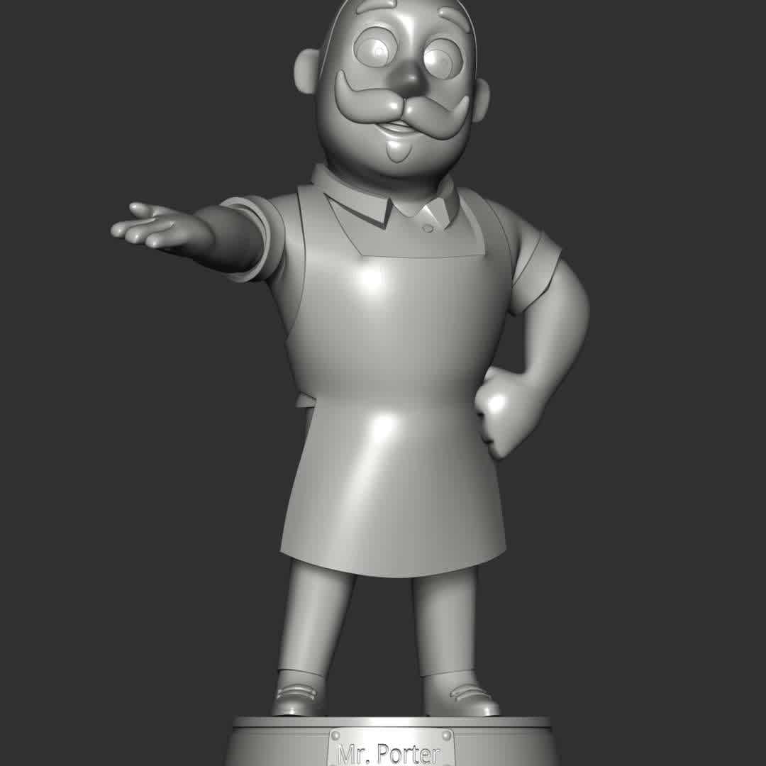 Mr. Porter - **Mr. Porter is Alex's grandfather, also Mr. Porter is a restaurant owner in Adventure Bay**

**The model ready for 3D printing.**

These information of model:

**- The height of current model is 20 cm and you can free to scale it.**

**- Format files: STL, OBJ to supporting 3D printing.**

**- Can be assembled without glue (glue is optional)**

**- Split down to 2 parts**

**- ZTL format for Zbrush for you to customize as you like.**

Please don't hesitate to contact me if you have any issues question. - The best files for 3D printing in the world. Stl models divided into parts to facilitate 3D printing. All kinds of characters, decoration, cosplay, prosthetics, pieces. Quality in 3D printing. Affordable 3D models. Low cost. Collective purchases of 3D files.
