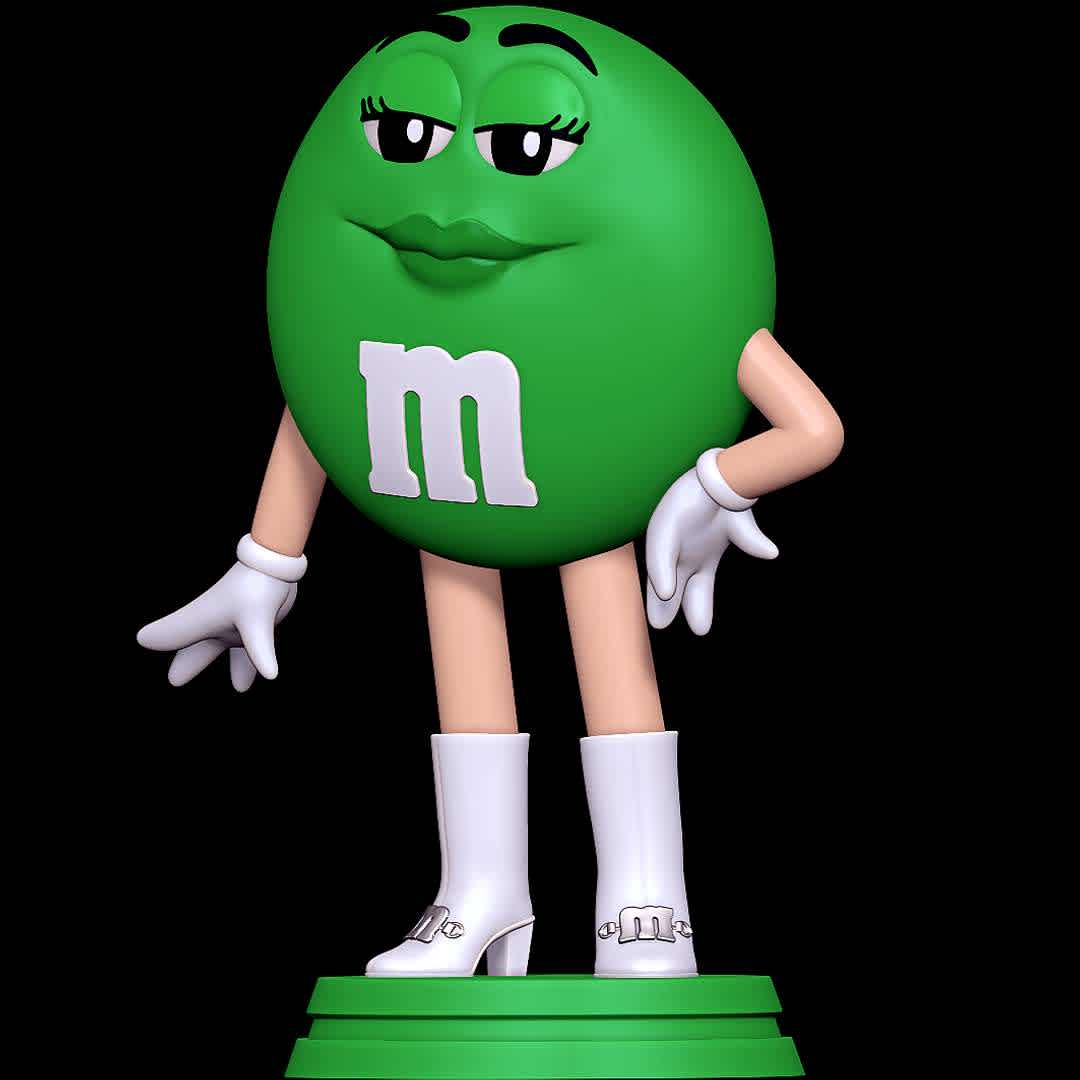 Ms. Green - M&M´S - The beauty of M&M´S - The best files for 3D printing in the world. Stl models divided into parts to facilitate 3D printing. All kinds of characters, decoration, cosplay, prosthetics, pieces. Quality in 3D printing. Affordable 3D models. Low cost. Collective purchases of 3D files.