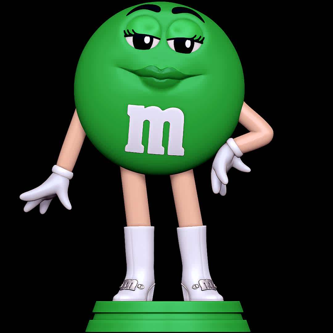 Ms. Green - M&M´S - The beauty of M&M´S - The best files for 3D printing in the world. Stl models divided into parts to facilitate 3D printing. All kinds of characters, decoration, cosplay, prosthetics, pieces. Quality in 3D printing. Affordable 3D models. Low cost. Collective purchases of 3D files.