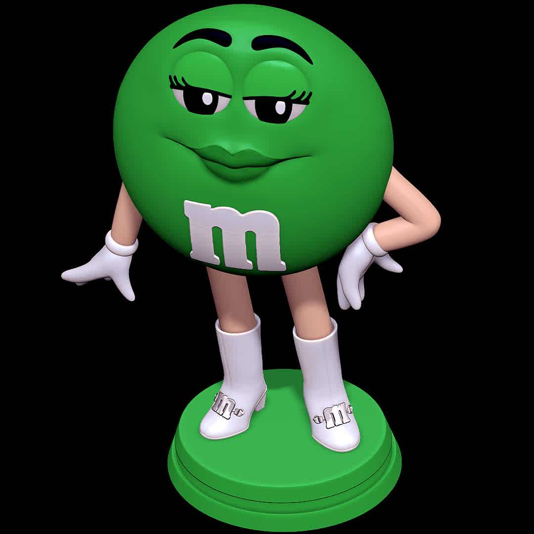 Ms. Green - M&M´S - The beauty of M&M´S - The best files for 3D printing in the world. Stl models divided into parts to facilitate 3D printing. All kinds of characters, decoration, cosplay, prosthetics, pieces. Quality in 3D printing. Affordable 3D models. Low cost. Collective purchases of 3D files.