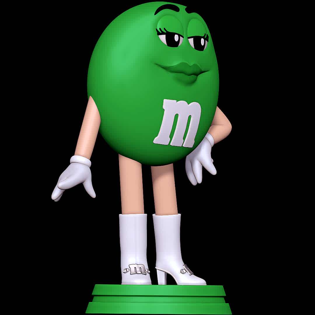 Ms. Green - M&M´S - The beauty of M&M´S - The best files for 3D printing in the world. Stl models divided into parts to facilitate 3D printing. All kinds of characters, decoration, cosplay, prosthetics, pieces. Quality in 3D printing. Affordable 3D models. Low cost. Collective purchases of 3D files.