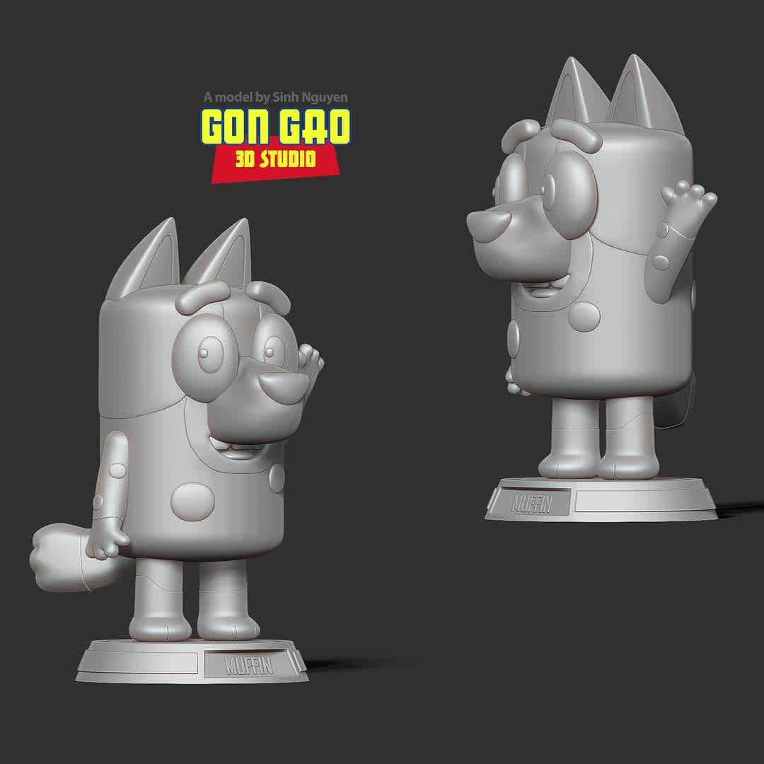 Muffin - Bluey Fanart - "Muffin Cupcake Heeler is a secondary character that appears in multiple episodes of Bluey."

Basic parameters:

- STL format for 3D printing with 04 discrete objects
- Model height: 15 cm
- Version 1.0 - Polygons: 806084 & Vertices: 462348

Model ready for 3D printing.

Please vote positively for me if you find this model useful. - Los mejores archivos para impresión 3D del mundo. Modelos Stl divididos en partes para facilitar la impresión 3D. Todo tipo de personajes, decoración, cosplay, prótesis, piezas. Calidad en impresión 3D. Modelos 3D asequibles. Bajo costo. Compras colectivas de archivos 3D.