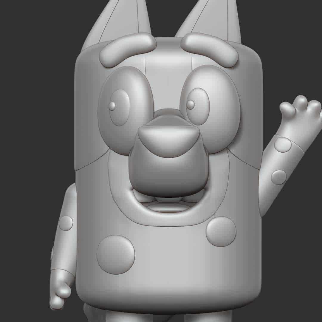 Muffin - Bluey Fanart - "Muffin Cupcake Heeler is a secondary character that appears in multiple episodes of Bluey."

Basic parameters:

- STL format for 3D printing with 04 discrete objects
- Model height: 15 cm
- Version 1.0 - Polygons: 806084 & Vertices: 462348

Model ready for 3D printing.

Please vote positively for me if you find this model useful. - Los mejores archivos para impresión 3D del mundo. Modelos Stl divididos en partes para facilitar la impresión 3D. Todo tipo de personajes, decoración, cosplay, prótesis, piezas. Calidad en impresión 3D. Modelos 3D asequibles. Bajo costo. Compras colectivas de archivos 3D.