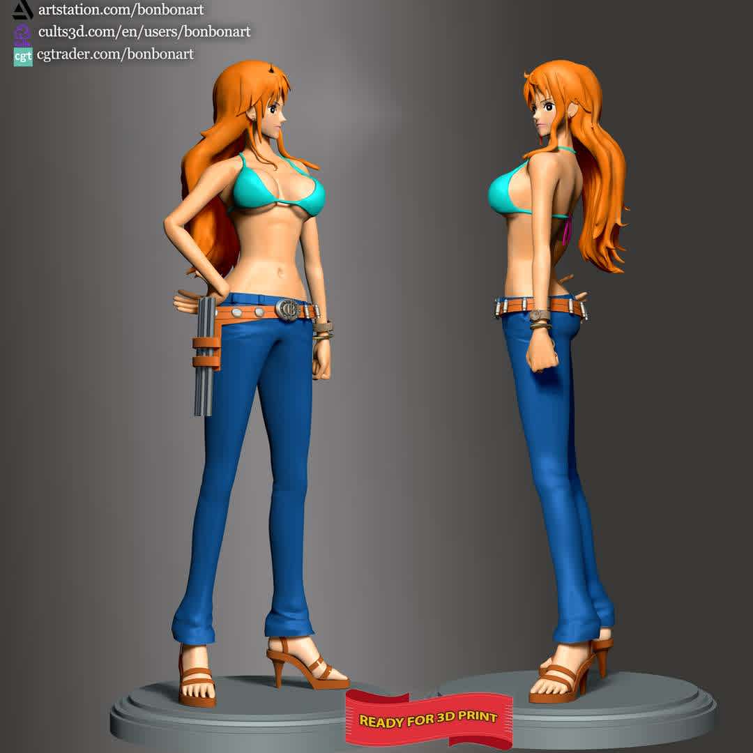 Nami - One Piece - When you purchase this model, you will own:

  - STL, OBJ file with 05 separated files (included key to connect parts) is ready for 3D printing.
  - Zbrush original files (ZTL) for you to customize as you like.

This is version 1.0 of this model.
Thanks for viewing! Hope you like her. - The best files for 3D printing in the world. Stl models divided into parts to facilitate 3D printing. All kinds of characters, decoration, cosplay, prosthetics, pieces. Quality in 3D printing. Affordable 3D models. Low cost. Collective purchases of 3D files.