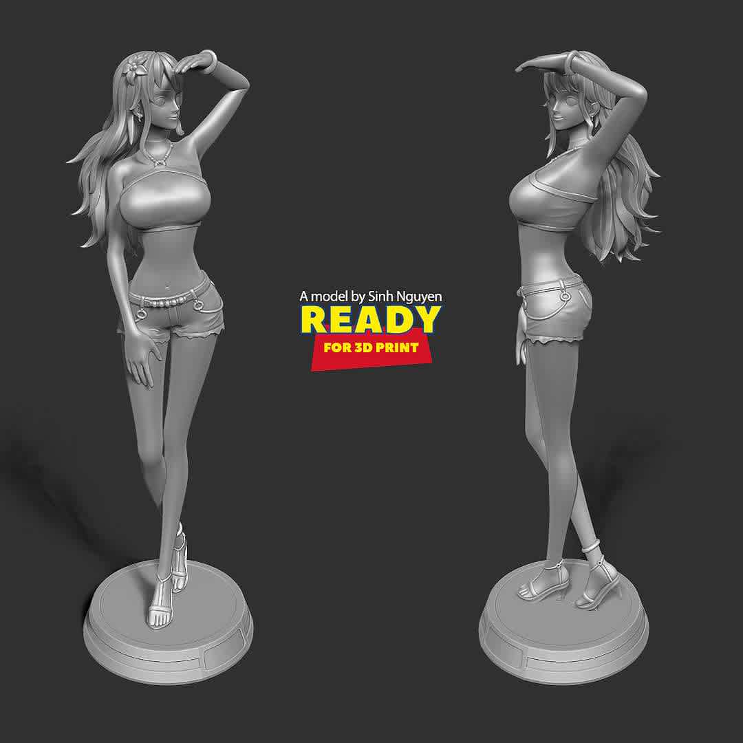 Nami with summer - One Piece - "Nami wanted to walk on the sand to see the sea in this hot weather."

Basic parameters:

- STL format for 3D printing with 03 discrete objects
- Model height: 25cm
- Version 1.0: Polygons: 2875343 & Vertices: 1504453

Model ready for 3D printing.

Please vote positively for me if you find this model useful. - The best files for 3D printing in the world. Stl models divided into parts to facilitate 3D printing. All kinds of characters, decoration, cosplay, prosthetics, pieces. Quality in 3D printing. Affordable 3D models. Low cost. Collective purchases of 3D files.