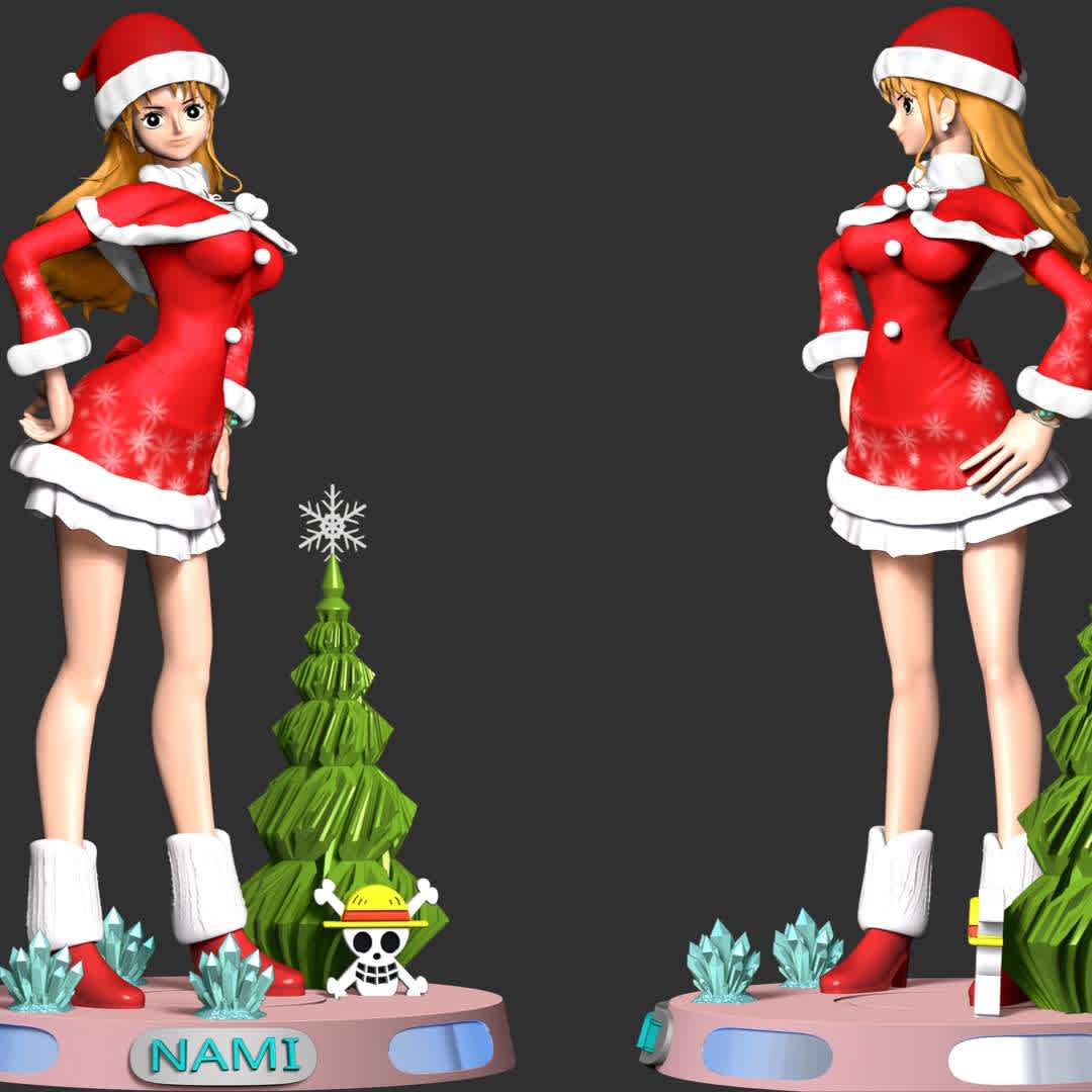 Nami Xmas - One Piece - Nami is a fictional character in the One Piece franchise created by Eiichiro Oda. She is based on Ann and Silk, two characters from Oda's previous manga Romance Dawn. She is introduced as a thief and pickpocket who possesses cartographical, meteorological, and navigational skills. At first, she is a subordinate of the fishman Arlong, but she is eventually freed of this service and permanently joins Monkey D. Luffy to fulfill her dream of creating a complete map of the Grand Line.

These information of this model:

 - Files format: STL, OBJ (included 07 separated files is ready for 3D printing). 
 - Zbrush original file (ZTL) for you to customize as you like.
 - The height is 20 cm
 - Polygons: 941195 & Vertices: 540286
 - The version 1.0. 

Hope you like her.
Don't hesitate to contact me if there are any problems during printing the model - Os melhores arquivos para impressão 3D do mundo. Modelos stl divididos em partes para facilitar a impressão 3D. Todos os tipos de personagens, decoração, cosplay, próteses, peças. Qualidade na impressão 3D. Modelos 3D com preço acessível. Baixo custo. Compras coletivas de arquivos 3D.