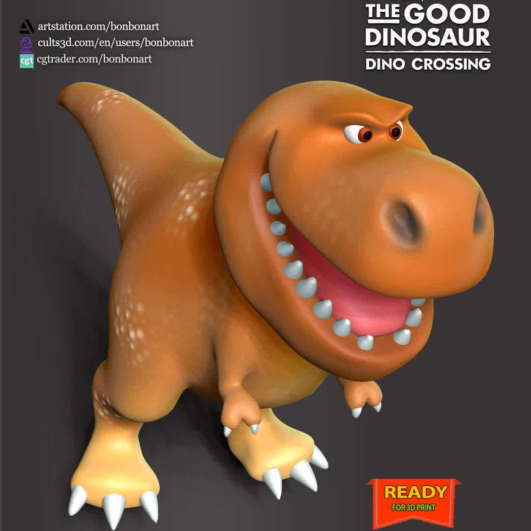 Nash - The Good Dinosaur Dino Crossing - When you purchase this model, you will own:
- STL, OBJ file with 02 separated files (included key to connect parts) is ready for 3D printing.
 - Zbrush original files (ZTL) for you to customize as you like.

This is version 1.0 of this model.
Thanks for viewing! Hope you like it. - The best files for 3D printing in the world. Stl models divided into parts to facilitate 3D printing. All kinds of characters, decoration, cosplay, prosthetics, pieces. Quality in 3D printing. Affordable 3D models. Low cost. Collective purchases of 3D files.