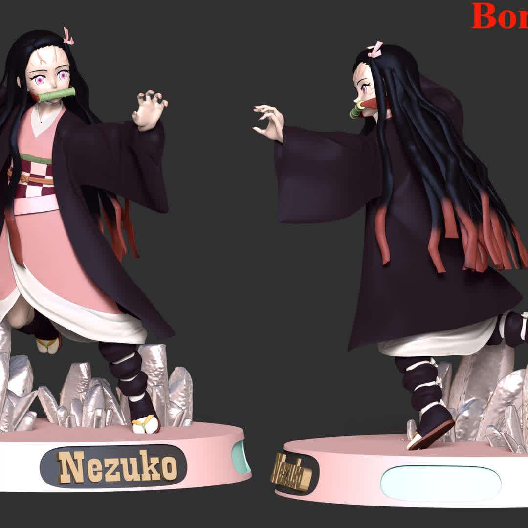 Nezuko - Demon Slayer Hinokami Chronicles - **Nezuko Kamado is the deuteragonist of Demon Slayer: Kimetsu no Yaiba. She is a demon and the younger sister of Tanjiro Kamado and one of the two remaining members of the Kamado family. Formerly a human, she was attacked and transformed into a demon by Muzan Kibutsuji.**

**These information of this model:**

- The model ready for 3D printing.
- The model current size is 20cm height, but you are free to scale it.
- Files format: STL, OBJ (included 05 separated files is ready for 3D printing).
- Also includes Zbrush original file (ZTL) for you to customize as you like.

Hope you like her.
If you have any questions please don't hesitate to contact me. I will respond you ASAP. - Los mejores archivos para impresión 3D del mundo. Modelos Stl divididos en partes para facilitar la impresión 3D. Todo tipo de personajes, decoración, cosplay, prótesis, piezas. Calidad en impresión 3D. Modelos 3D asequibles. Bajo costo. Compras colectivas de archivos 3D.