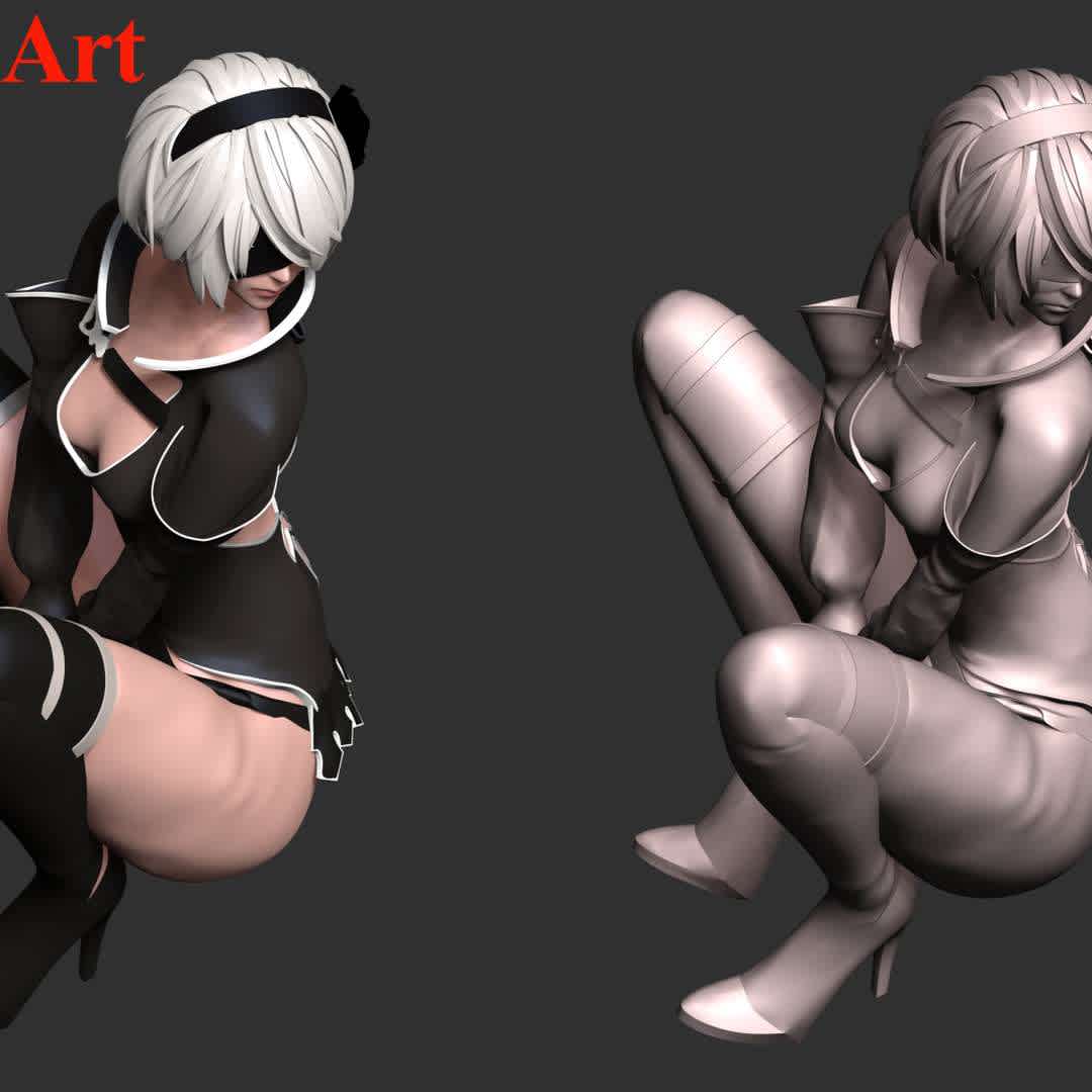 Nier 2B Fanart - YoRHa No.2 Type B (Battle) or 2B serves as the protagonist of Route A in NieR:Automata. She is a YoRHa android created to battle the machine lifeforms that have invaded the planet on behalf of the surviving humans.

These information of this model:

 - Files format: STL, OBJ (included 05 separated files is ready for 3D printing). 
 - Zbrush original file (ZTL) for you to customize as you like.
 - The height is 20 cm
 - The version 1.0. 

The model ready for 3D printing.
Hope you like her.
Don't hesitate to contact me if there are any problems during printing the model - Los mejores archivos para impresión 3D del mundo. Modelos Stl divididos en partes para facilitar la impresión 3D. Todo tipo de personajes, decoración, cosplay, prótesis, piezas. Calidad en impresión 3D. Modelos 3D asequibles. Bajo costo. Compras colectivas de archivos 3D.