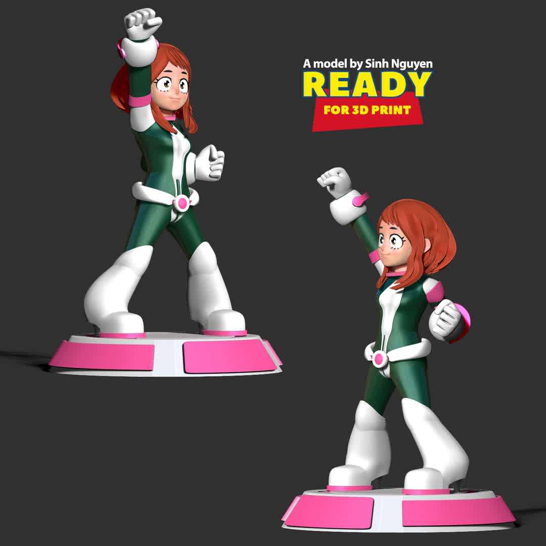 Ochaco Uraraka Fanart - Ochaco is a short girl of a slender yet curvaceous figure.

Basic parameters:

- STL, OBJ format for 3D printing with 4 discrete objects
- ZTL format for Zbrush (version 2019.1.2 or later)
- Model height: 20cm
- Version 1.0 - Polygons: 1005047 & Vertices: 568197

Model ready for 3D printing.

Please vote positively for me if you find this model useful. - The best files for 3D printing in the world. Stl models divided into parts to facilitate 3D printing. All kinds of characters, decoration, cosplay, prosthetics, pieces. Quality in 3D printing. Affordable 3D models. Low cost. Collective purchases of 3D files.