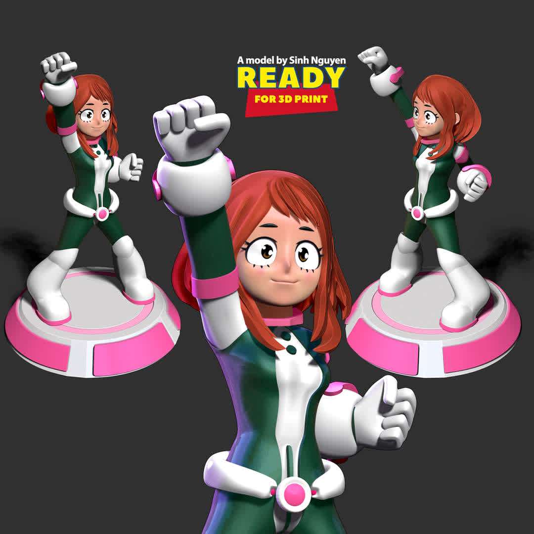 Ochaco Uraraka Fanart - Ochaco is a short girl of a slender yet curvaceous figure.

Basic parameters:

- STL, OBJ format for 3D printing with 4 discrete objects
- ZTL format for Zbrush (version 2019.1.2 or later)
- Model height: 20cm
- Version 1.0 - Polygons: 1005047 & Vertices: 568197

Model ready for 3D printing.

Please vote positively for me if you find this model useful. - Los mejores archivos para impresión 3D del mundo. Modelos Stl divididos en partes para facilitar la impresión 3D. Todo tipo de personajes, decoración, cosplay, prótesis, piezas. Calidad en impresión 3D. Modelos 3D asequibles. Bajo costo. Compras colectivas de archivos 3D.