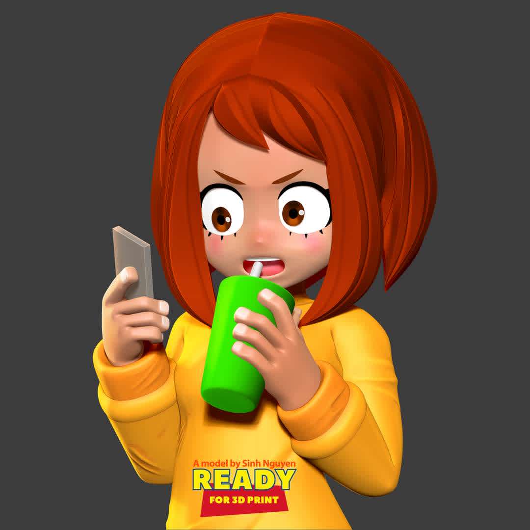 Ochaco Uraraka Kid  - What was in the phone that made Ochaco so angry?

Basic parameters:

- STL, OBJ format for 3D printing with 5 discrete objects
- ZTL format for Zbrush (version 2019.1.2 or later)
- Model height: 18cm
- Version 1.0 - Polygons: 1561094 & Vertices: 896656

Model ready for 3D printing.

Please vote positively for me if you find this model useful. - The best files for 3D printing in the world. Stl models divided into parts to facilitate 3D printing. All kinds of characters, decoration, cosplay, prosthetics, pieces. Quality in 3D printing. Affordable 3D models. Low cost. Collective purchases of 3D files.