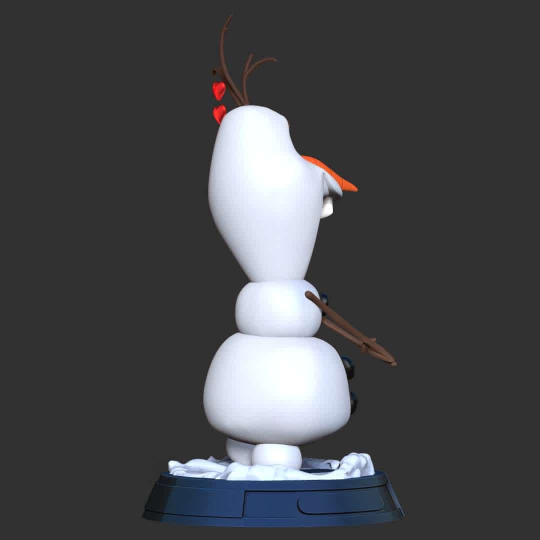 Olaf - Merry Christmas - Merry Christmas 2022 and Happy New Year 2023!!!!

Basic parameters:

- STL, OBJ format for 3D printing with 03 discrete objects
- ZTL format for Zbrush (version 2019.1.2 or later)
- Model height: 20cm
- Version 1.0 - Polygons: 1332376 & Vertices: 858505

Model ready for 3D printing.

Hope you like him. Thanks for viewing! - Los mejores archivos para impresión 3D del mundo. Modelos Stl divididos en partes para facilitar la impresión 3D. Todo tipo de personajes, decoración, cosplay, prótesis, piezas. Calidad en impresión 3D. Modelos 3D asequibles. Bajo costo. Compras colectivas de archivos 3D.