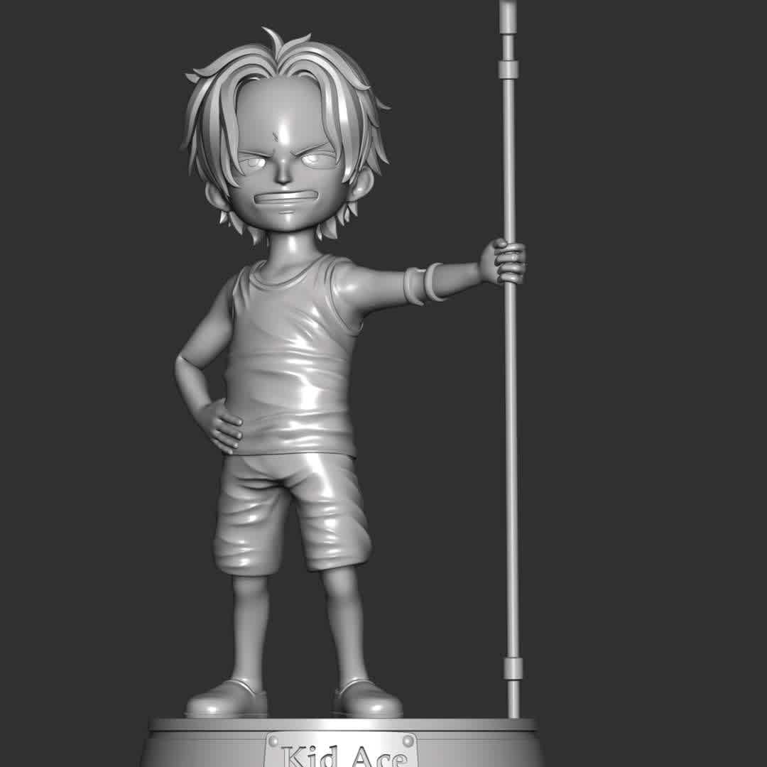 One Piece - Kid Ace - These information of model:

**- The height of current model is 20 cm and you can free to scale it.**

**- Format files: STL, OBJ to supporting 3D printing.**

Please don't hesitate to contact me if you have any issues question. - The best files for 3D printing in the world. Stl models divided into parts to facilitate 3D printing. All kinds of characters, decoration, cosplay, prosthetics, pieces. Quality in 3D printing. Affordable 3D models. Low cost. Collective purchases of 3D files.