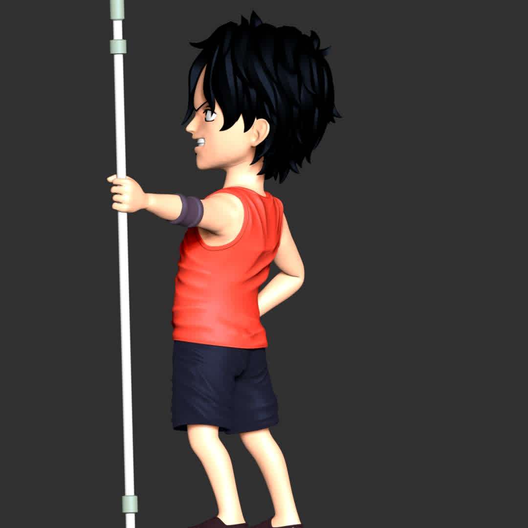 One Piece - Kid Ace - These information of model:

**- The height of current model is 20 cm and you can free to scale it.**

**- Format files: STL, OBJ to supporting 3D printing.**

Please don't hesitate to contact me if you have any issues question. - The best files for 3D printing in the world. Stl models divided into parts to facilitate 3D printing. All kinds of characters, decoration, cosplay, prosthetics, pieces. Quality in 3D printing. Affordable 3D models. Low cost. Collective purchases of 3D files.