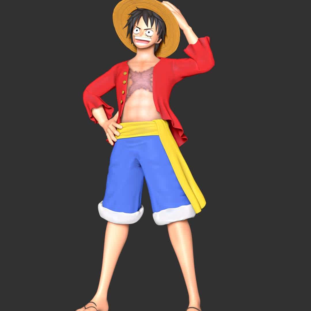 One Piece - Monkey D Luffy - These information of model:

**- The height of current model is 30 cm and you can free to scale it.**

**- Format files: STL, OBJ to supporting 3D printing.**

Please don't hesitate to contact me if you have any issues question. - The best files for 3D printing in the world. Stl models divided into parts to facilitate 3D printing. All kinds of characters, decoration, cosplay, prosthetics, pieces. Quality in 3D printing. Affordable 3D models. Low cost. Collective purchases of 3D files.