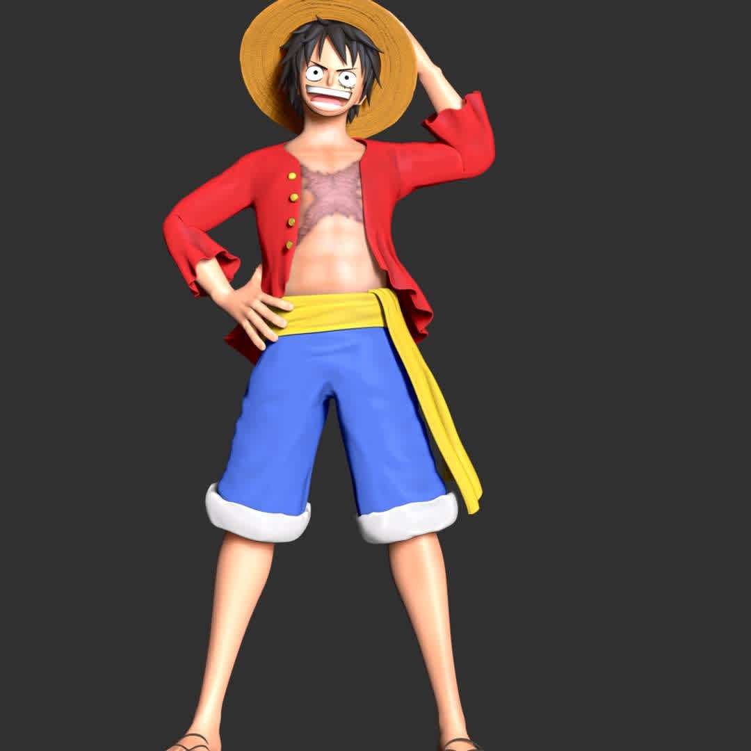 One Piece - Monkey D Luffy - These information of model:

**- The height of current model is 30 cm and you can free to scale it.**

**- Format files: STL, OBJ to supporting 3D printing.**

Please don't hesitate to contact me if you have any issues question. - The best files for 3D printing in the world. Stl models divided into parts to facilitate 3D printing. All kinds of characters, decoration, cosplay, prosthetics, pieces. Quality in 3D printing. Affordable 3D models. Low cost. Collective purchases of 3D files.