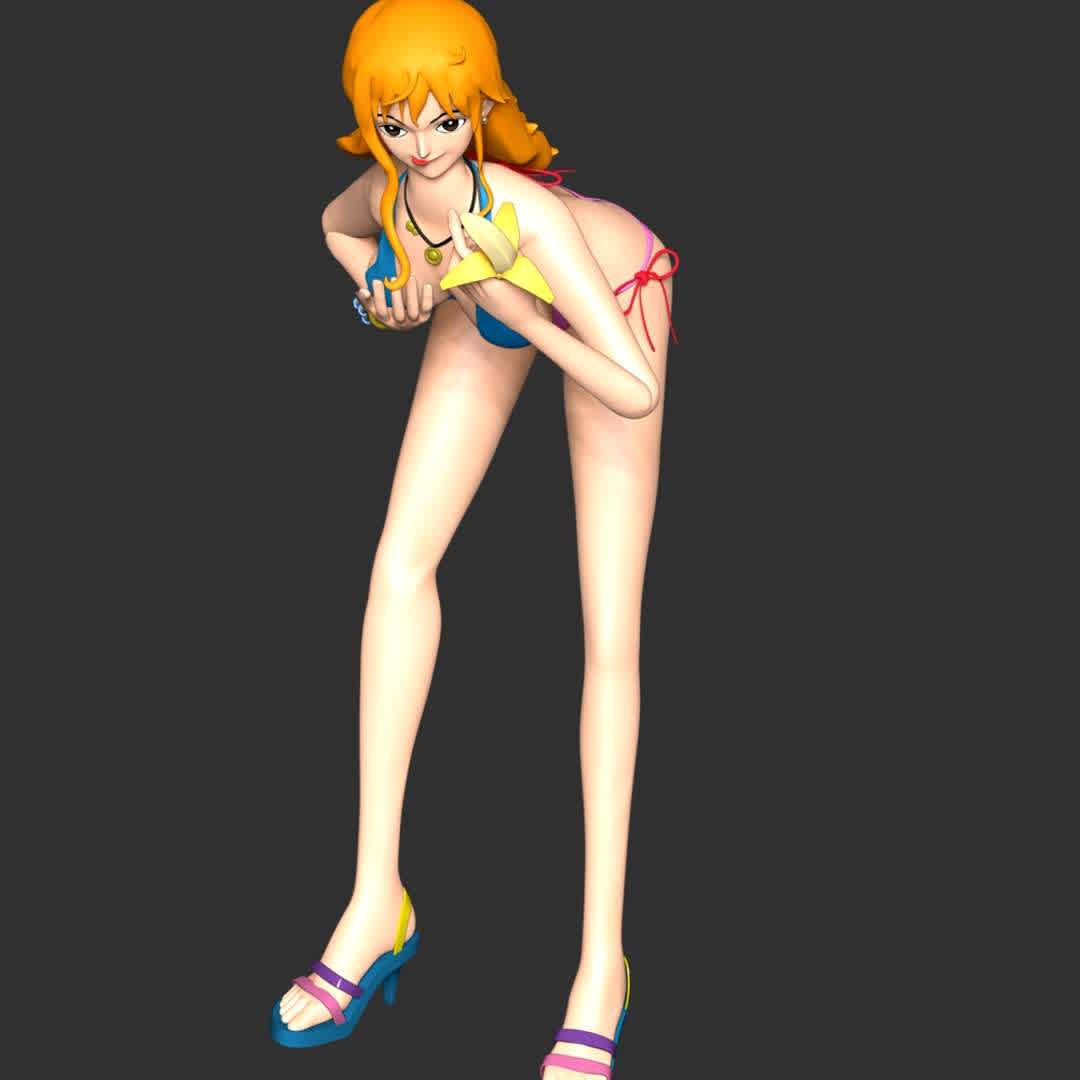 One Piece - Nami Swimsuit - **These information basic of this model:**

- The model ready for 3D printing.
- The model current size is 20cm height, but you are free to scale it.
- Files format: STL, OBJ (included 05 separated files is ready for 3D printing).
-  Also includes Zbrush original file (ZTL) for you to customize as you like. - The best files for 3D printing in the world. Stl models divided into parts to facilitate 3D printing. All kinds of characters, decoration, cosplay, prosthetics, pieces. Quality in 3D printing. Affordable 3D models. Low cost. Collective purchases of 3D files.