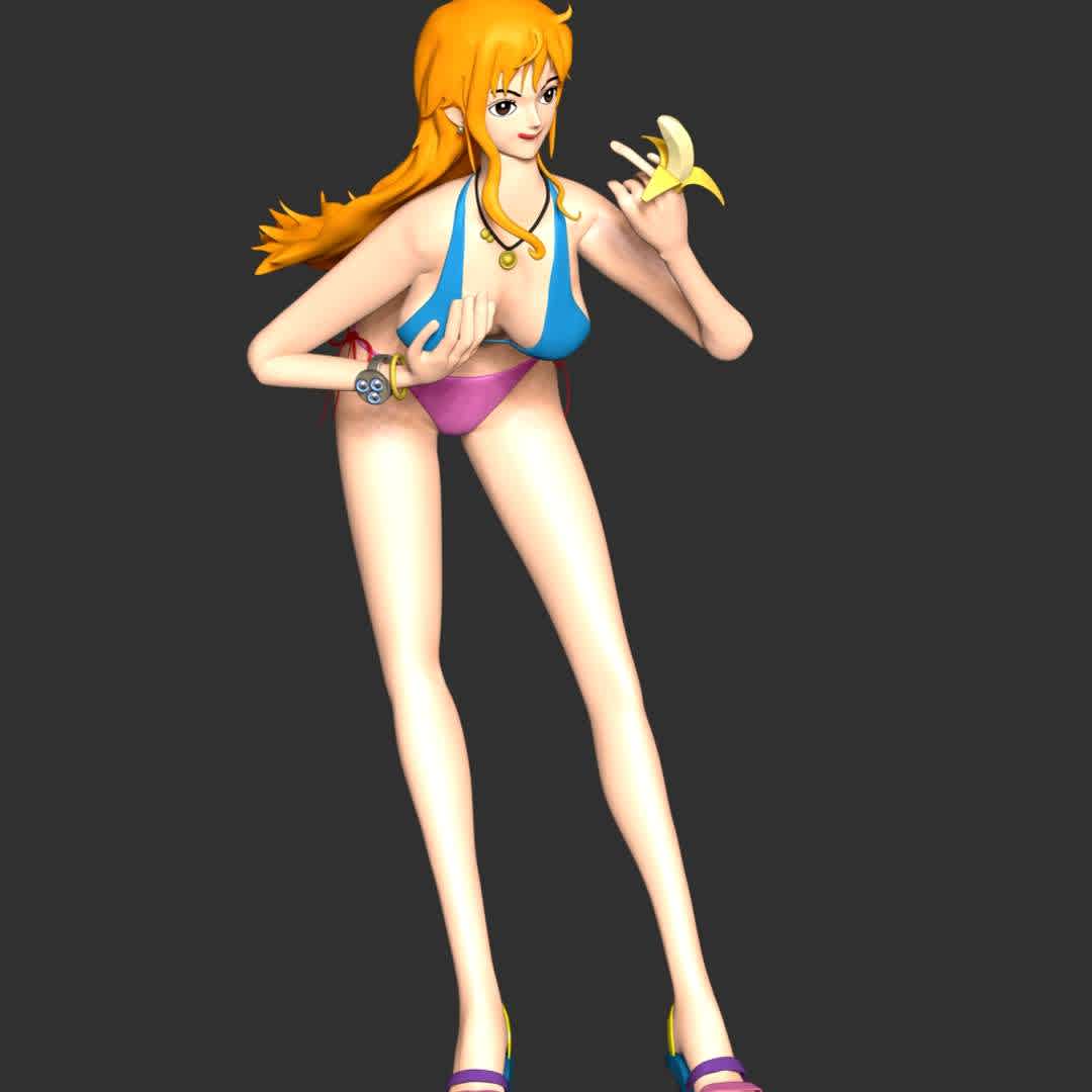 One Piece - Nami Swimsuit - **These information basic of this model:**

- The model ready for 3D printing.
- The model current size is 20cm height, but you are free to scale it.
- Files format: STL, OBJ (included 05 separated files is ready for 3D printing).
-  Also includes Zbrush original file (ZTL) for you to customize as you like. - The best files for 3D printing in the world. Stl models divided into parts to facilitate 3D printing. All kinds of characters, decoration, cosplay, prosthetics, pieces. Quality in 3D printing. Affordable 3D models. Low cost. Collective purchases of 3D files.