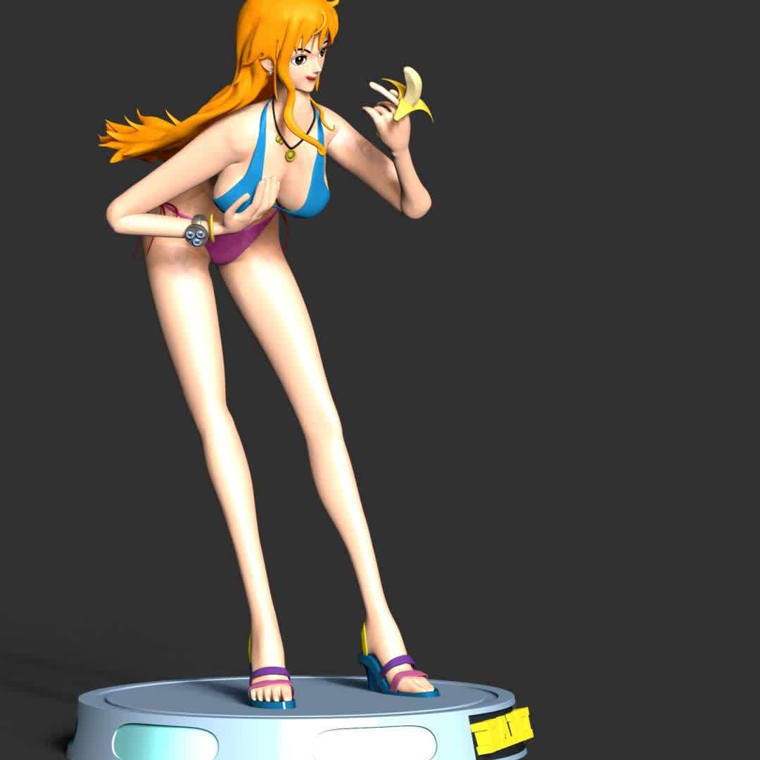 One Piece - Nami Swimsuit - **These information basic of this model:**

- The model ready for 3D printing.
- The model current size is 20cm height, but you are free to scale it.
- Files format: STL, OBJ (included 05 separated files is ready for 3D printing).
-  Also includes Zbrush original file (ZTL) for you to customize as you like. - The best files for 3D printing in the world. Stl models divided into parts to facilitate 3D printing. All kinds of characters, decoration, cosplay, prosthetics, pieces. Quality in 3D printing. Affordable 3D models. Low cost. Collective purchases of 3D files.