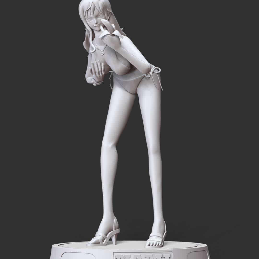 One Piece - Nami Swimsuit - **These information basic of this model:**

- The model ready for 3D printing.
- The model current size is 20cm height, but you are free to scale it.
- Files format: STL, OBJ (included 05 separated files is ready for 3D printing).
-  Also includes Zbrush original file (ZTL) for you to customize as you like. - The best files for 3D printing in the world. Stl models divided into parts to facilitate 3D printing. All kinds of characters, decoration, cosplay, prosthetics, pieces. Quality in 3D printing. Affordable 3D models. Low cost. Collective purchases of 3D files.