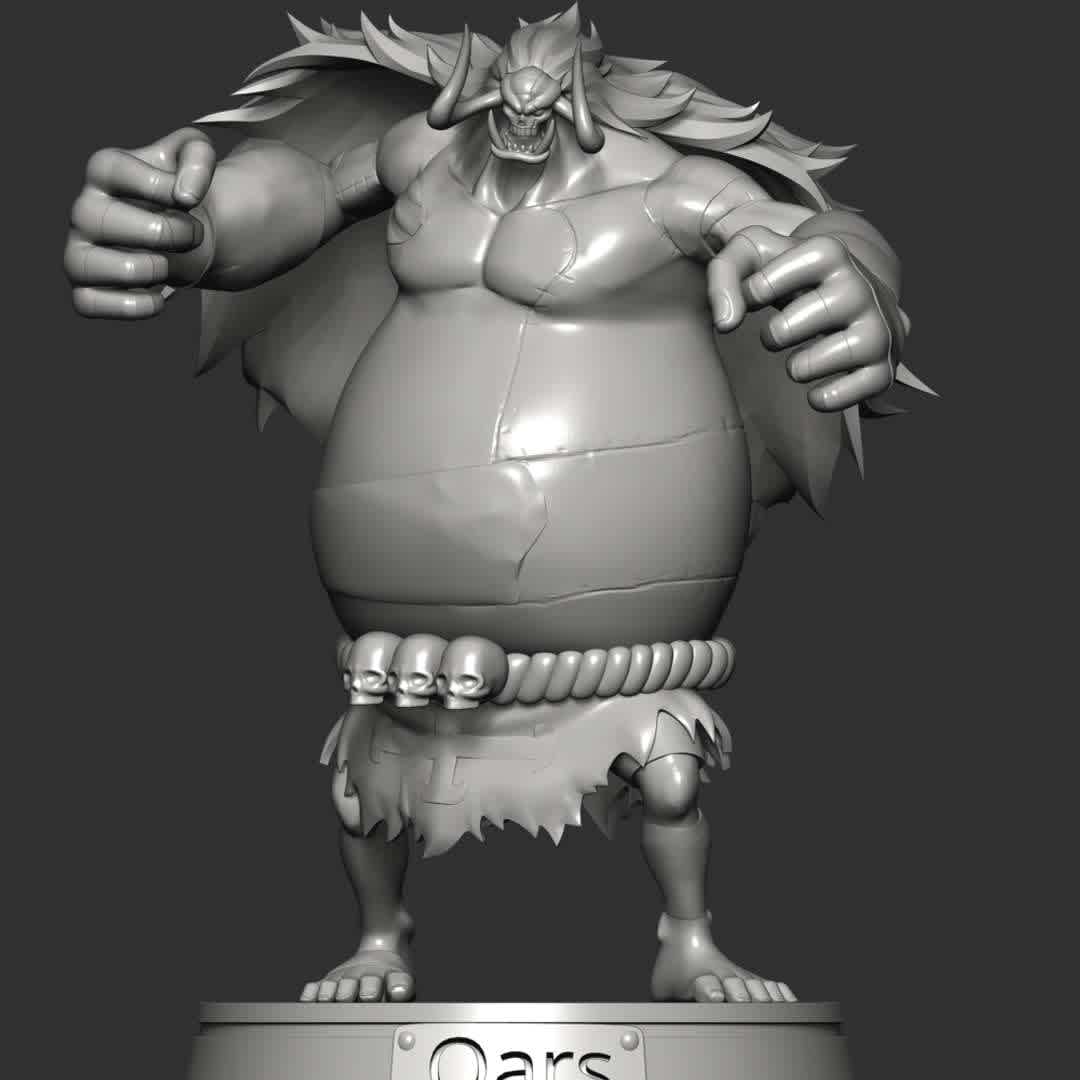 One Piece - Oars - **Oars the Continent-Puller was an infamous ancient giant who was born over 500 years prior to the current storyline.**

These information of model:

**- The height of current model is 20 cm and you can free to scale it.**

**- Format files: STL, OBJ to supporting 3D printing.**

Please don't hesitate to contact me if you have any issues question. - Los mejores archivos para impresión 3D del mundo. Modelos Stl divididos en partes para facilitar la impresión 3D. Todo tipo de personajes, decoración, cosplay, prótesis, piezas. Calidad en impresión 3D. Modelos 3D asequibles. Bajo costo. Compras colectivas de archivos 3D.