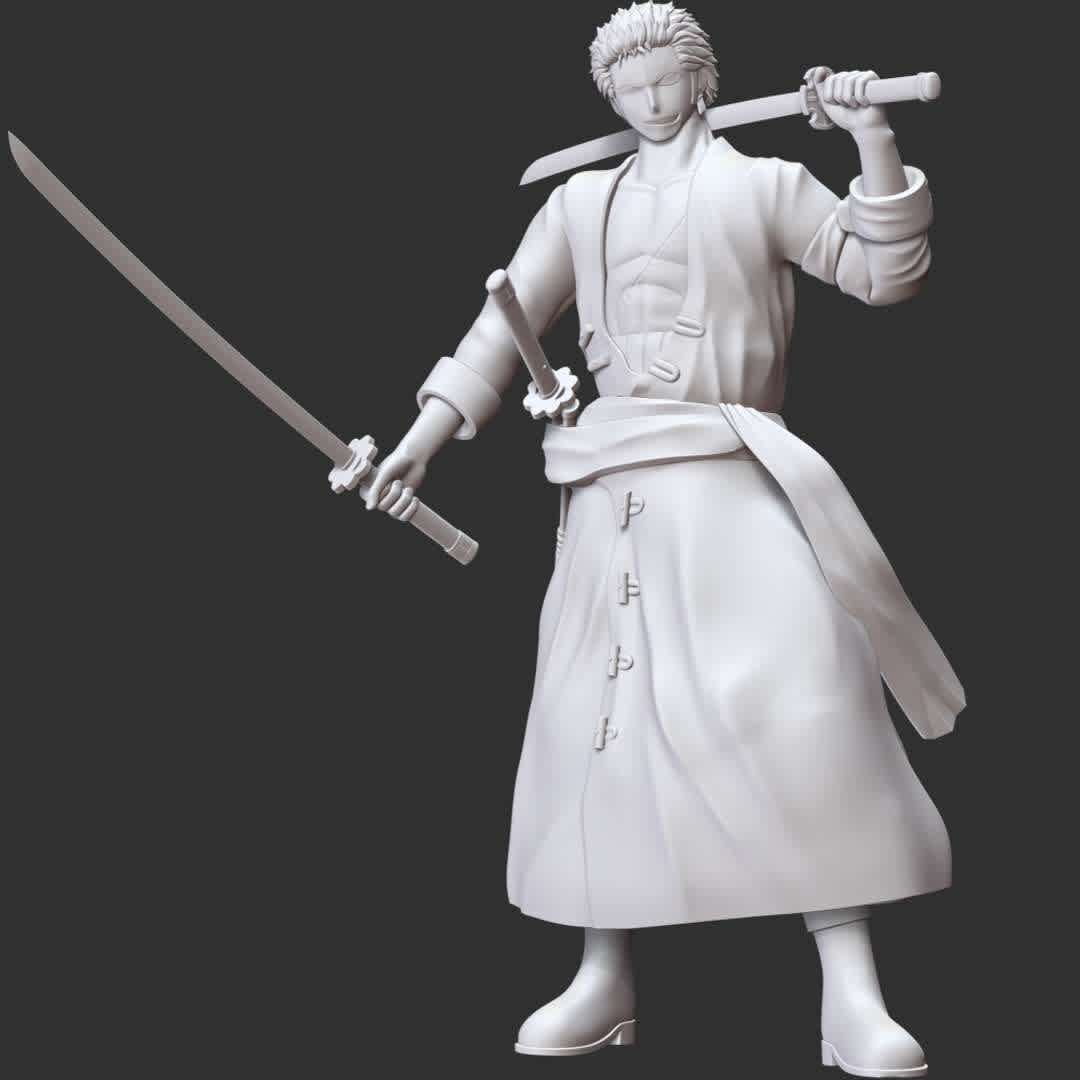 One Piece - Roronoa Zoro - These information of model:

**- The height of current model is 30 cm and you can free to scale it.**

**- Format files: STL, OBJ to supporting 3D printing.**

Please don't hesitate to contact me if you have any issues question. - The best files for 3D printing in the world. Stl models divided into parts to facilitate 3D printing. All kinds of characters, decoration, cosplay, prosthetics, pieces. Quality in 3D printing. Affordable 3D models. Low cost. Collective purchases of 3D files.