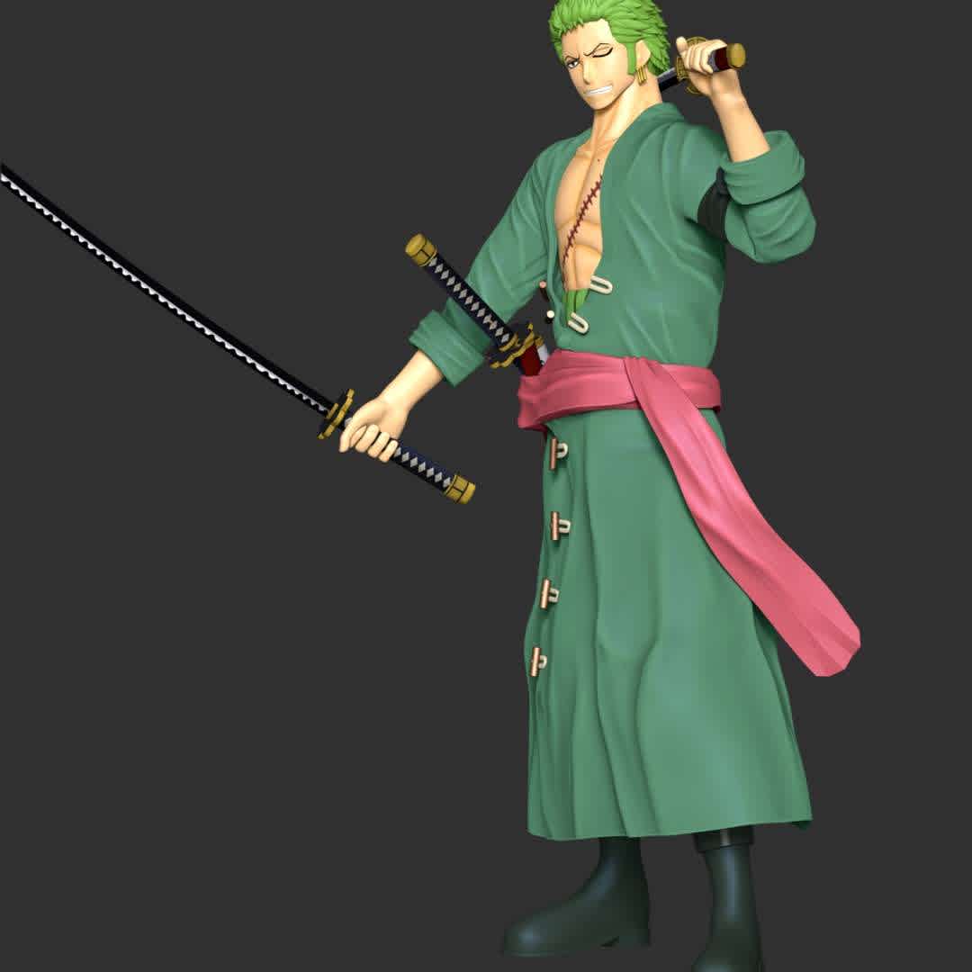 One Piece - Roronoa Zoro - These information of model:

**- The height of current model is 30 cm and you can free to scale it.**

**- Format files: STL, OBJ to supporting 3D printing.**

Please don't hesitate to contact me if you have any issues question. - The best files for 3D printing in the world. Stl models divided into parts to facilitate 3D printing. All kinds of characters, decoration, cosplay, prosthetics, pieces. Quality in 3D printing. Affordable 3D models. Low cost. Collective purchases of 3D files.